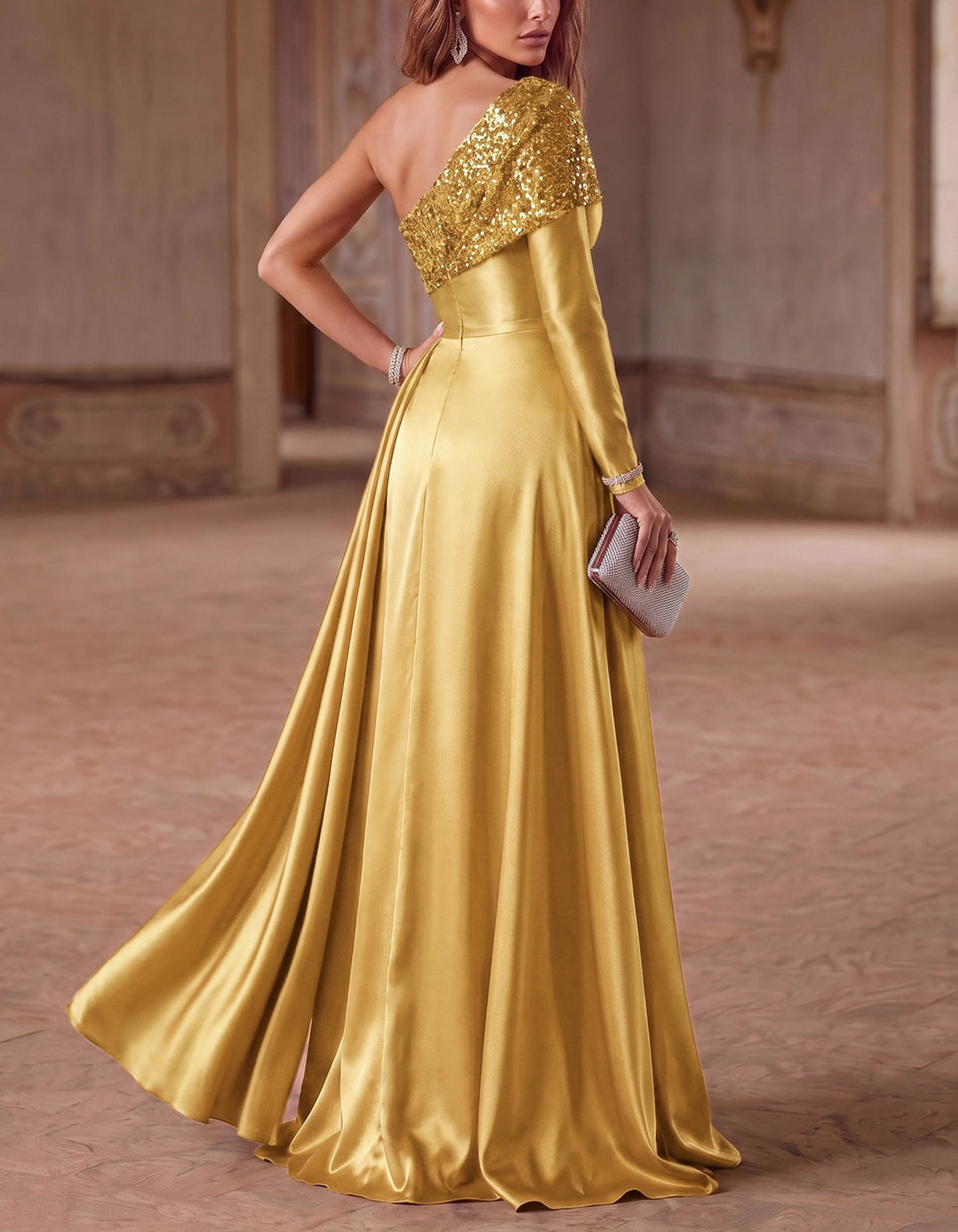 Solid Color Sequined Satin One Shoulder Design Maxi Dress