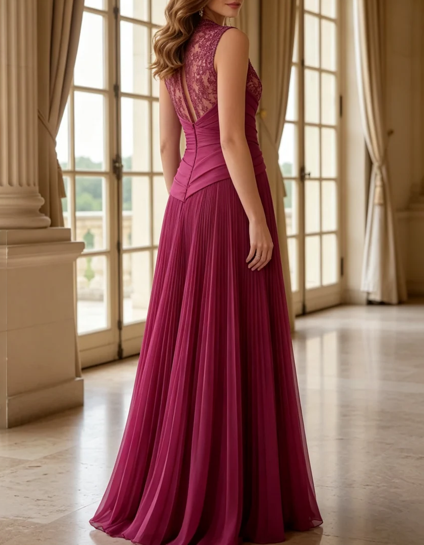 Sleeveless V Neck Sequin Lace Waist Pleated Chiffon A-Line Maxi Dress