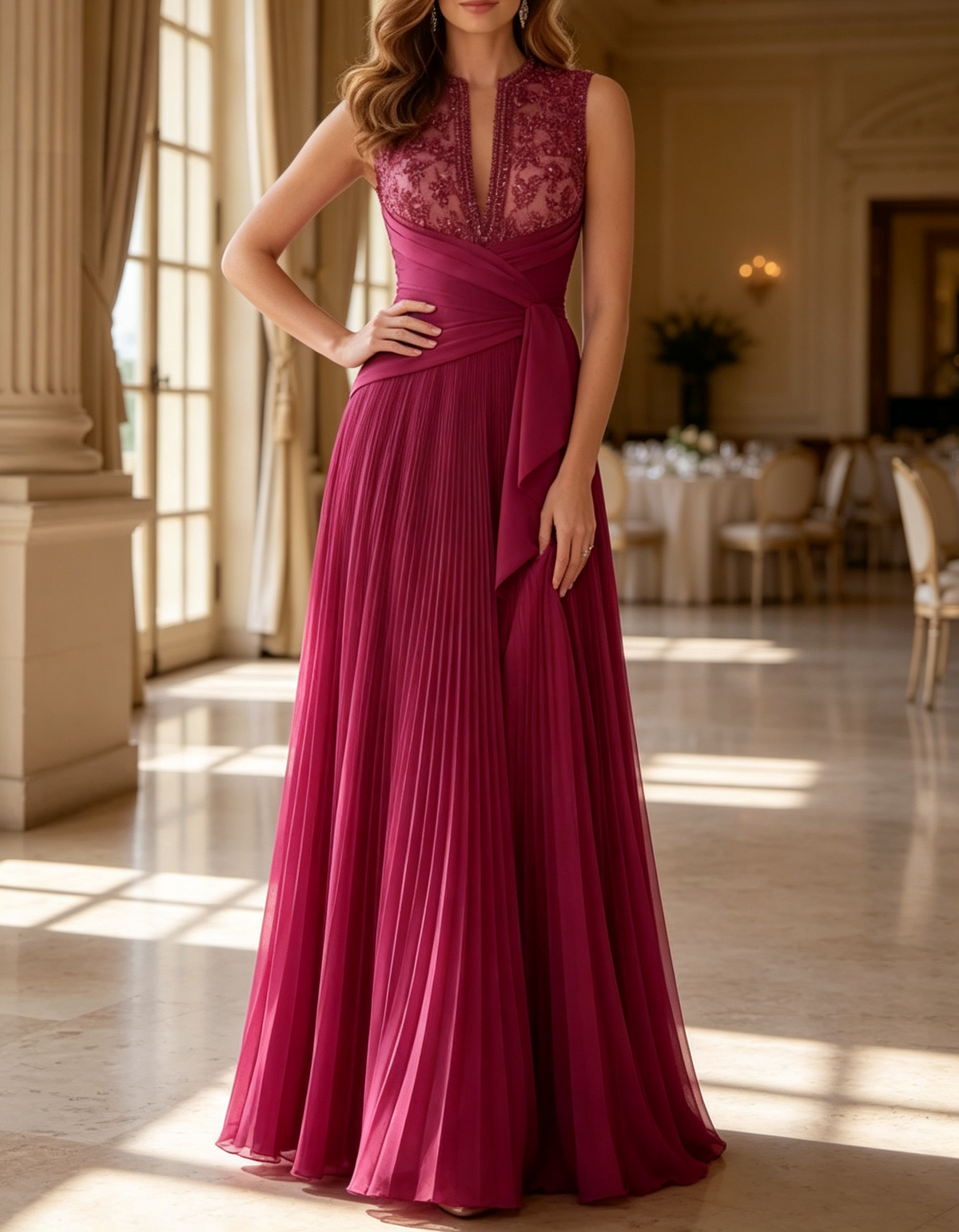 Sleeveless V Neck Sequin Lace Waist Pleated Chiffon A-Line Maxi Dress