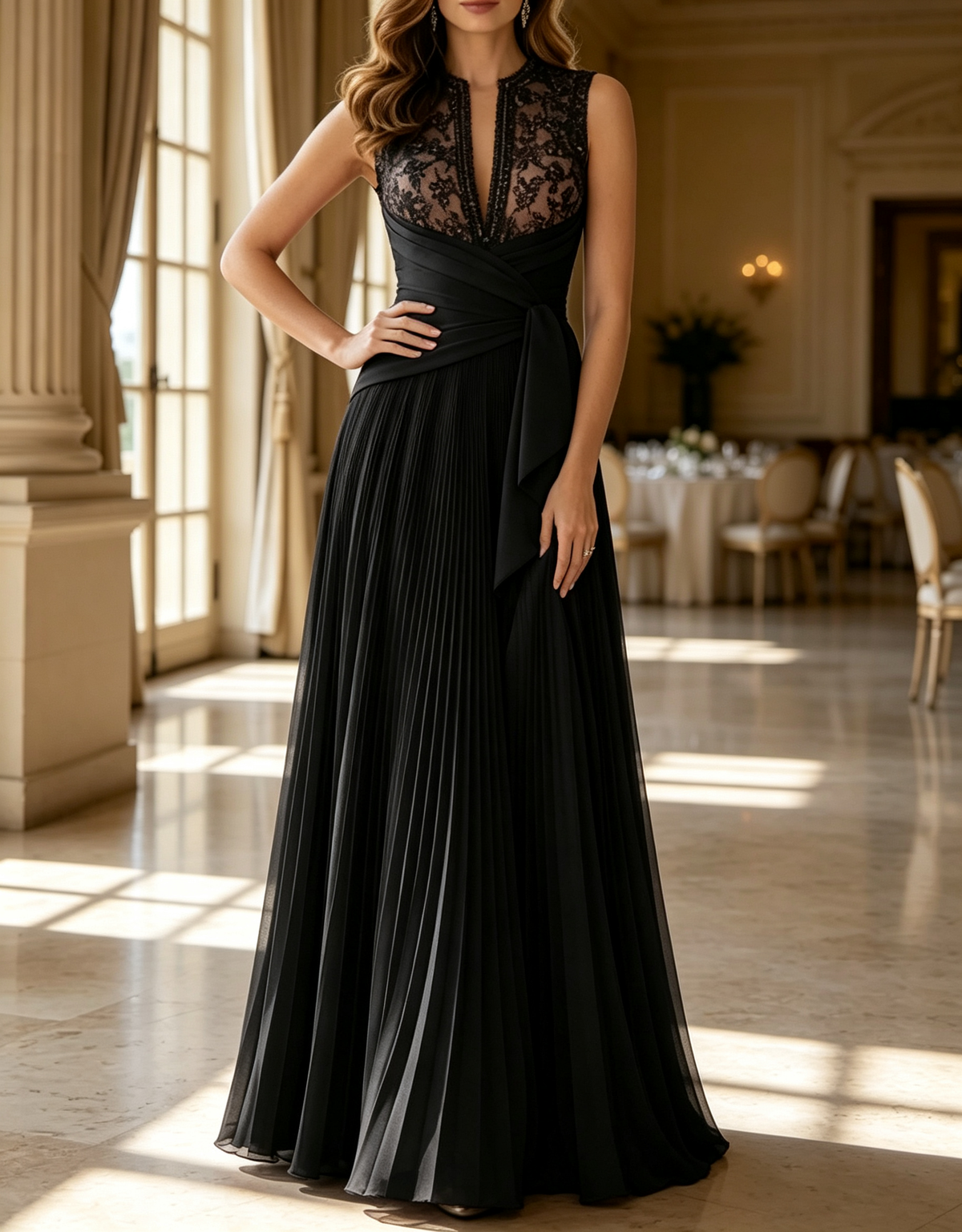 Sleeveless V Neck Sequin Lace Waist Pleated Chiffon A-Line Maxi Dress