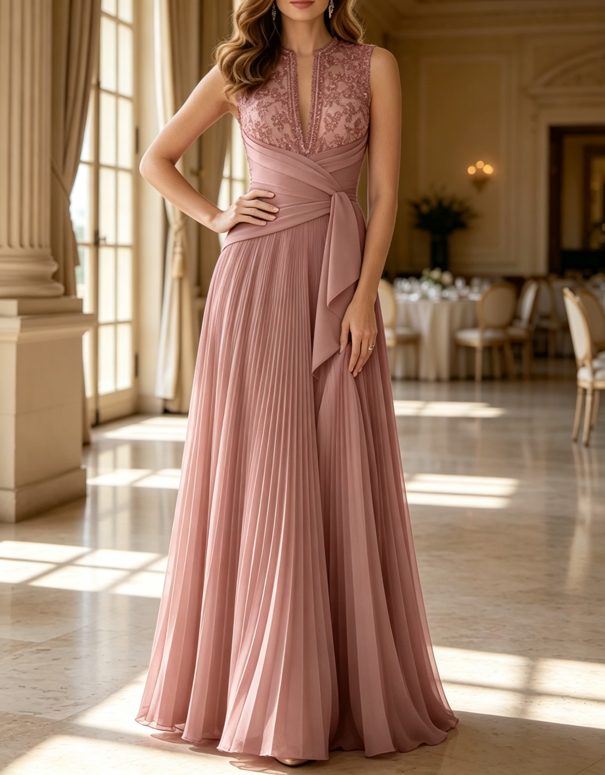 Sleeveless V Neck Sequin Lace Waist Pleated Chiffon A-Line Maxi Dress
