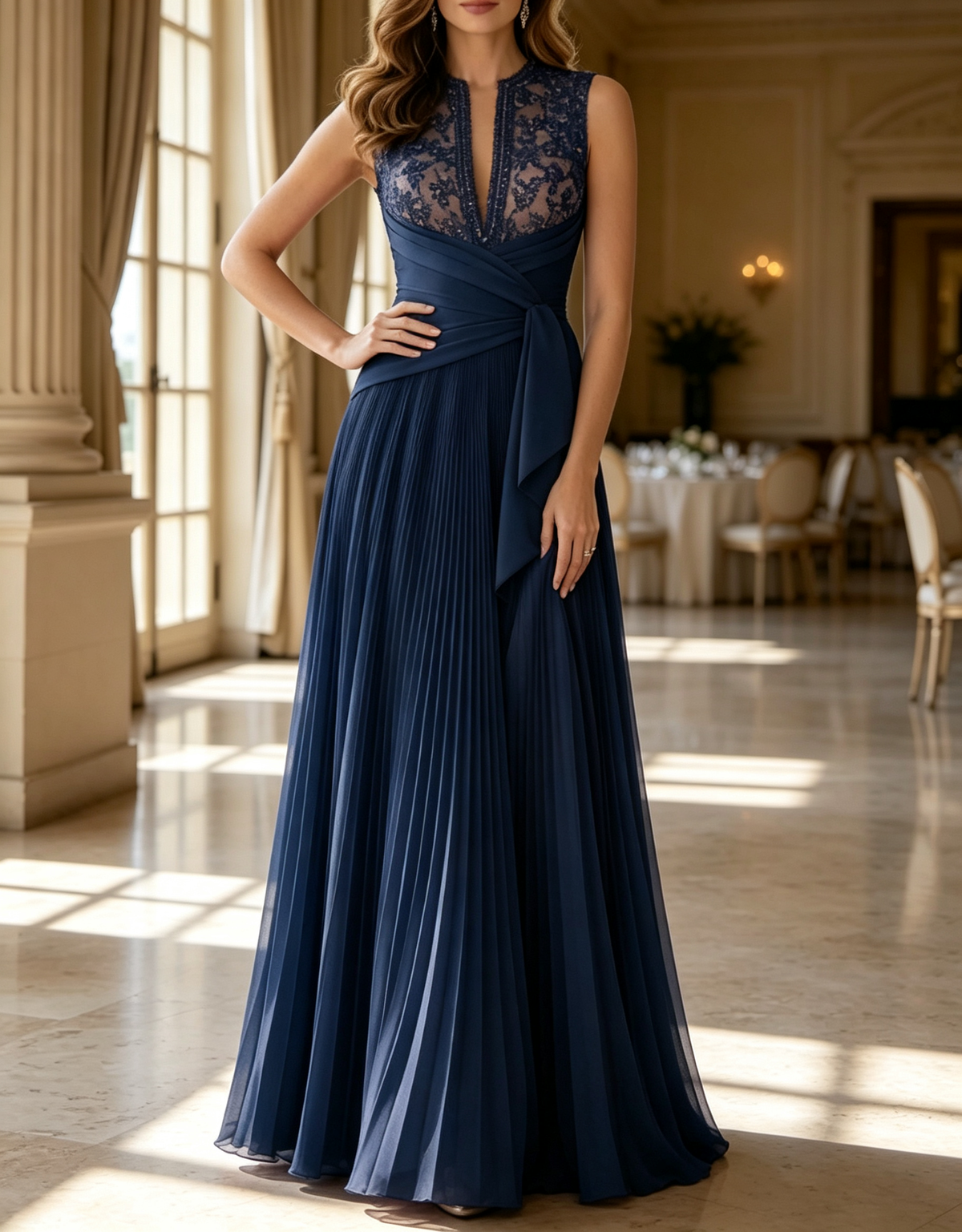 Sleeveless V Neck Sequin Lace Waist Pleated Chiffon A-Line Maxi Dress