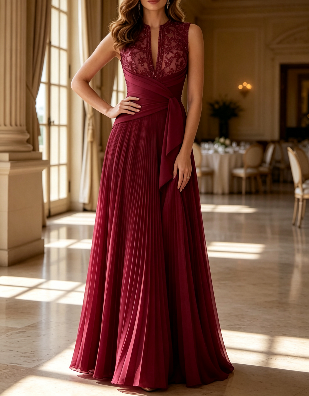 Sleeveless V Neck Sequin Lace Waist Pleated Chiffon A-Line Maxi Dress