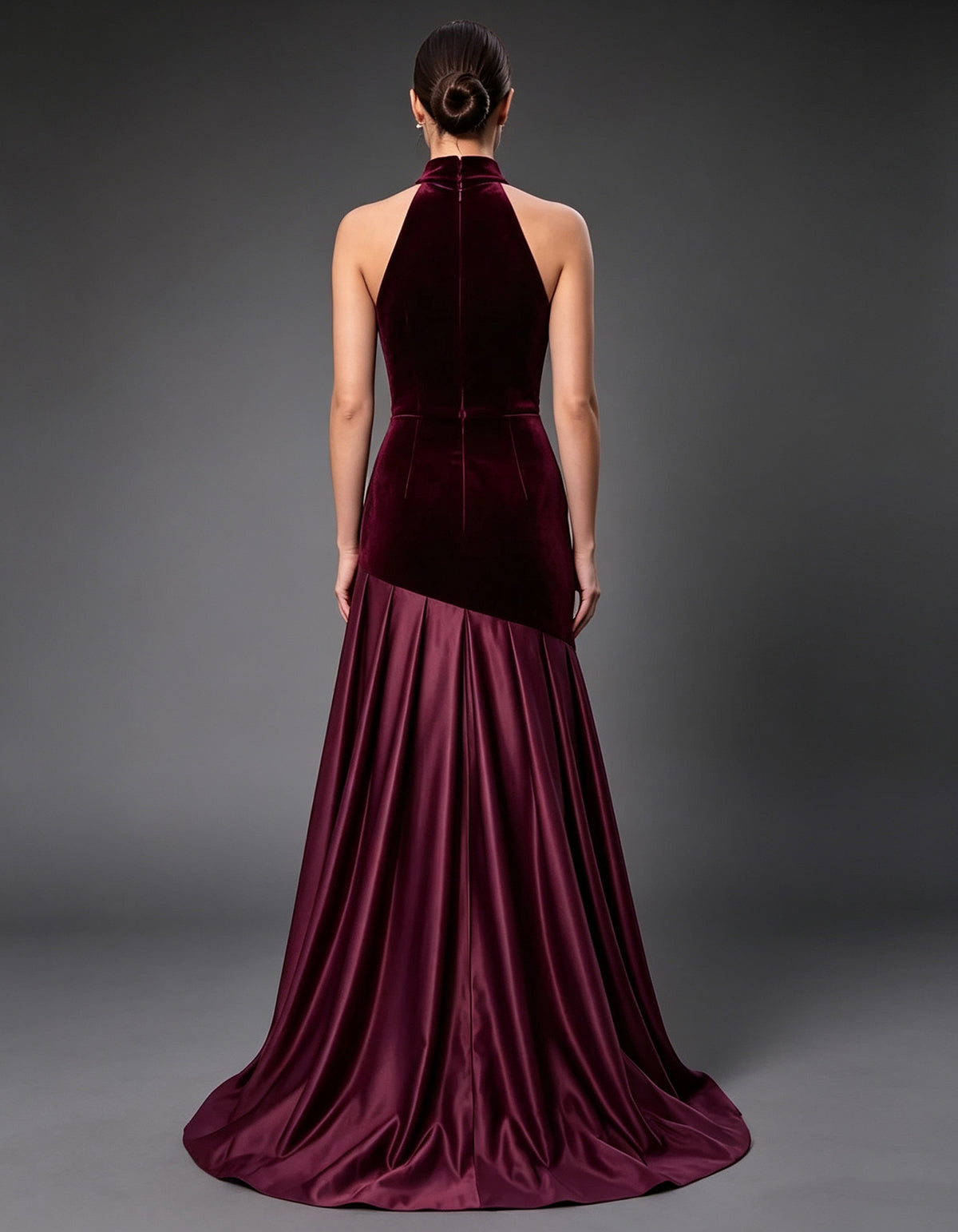 Burgundy Halter Neck Velvet And Satin Patchwork Style Maxi Dress