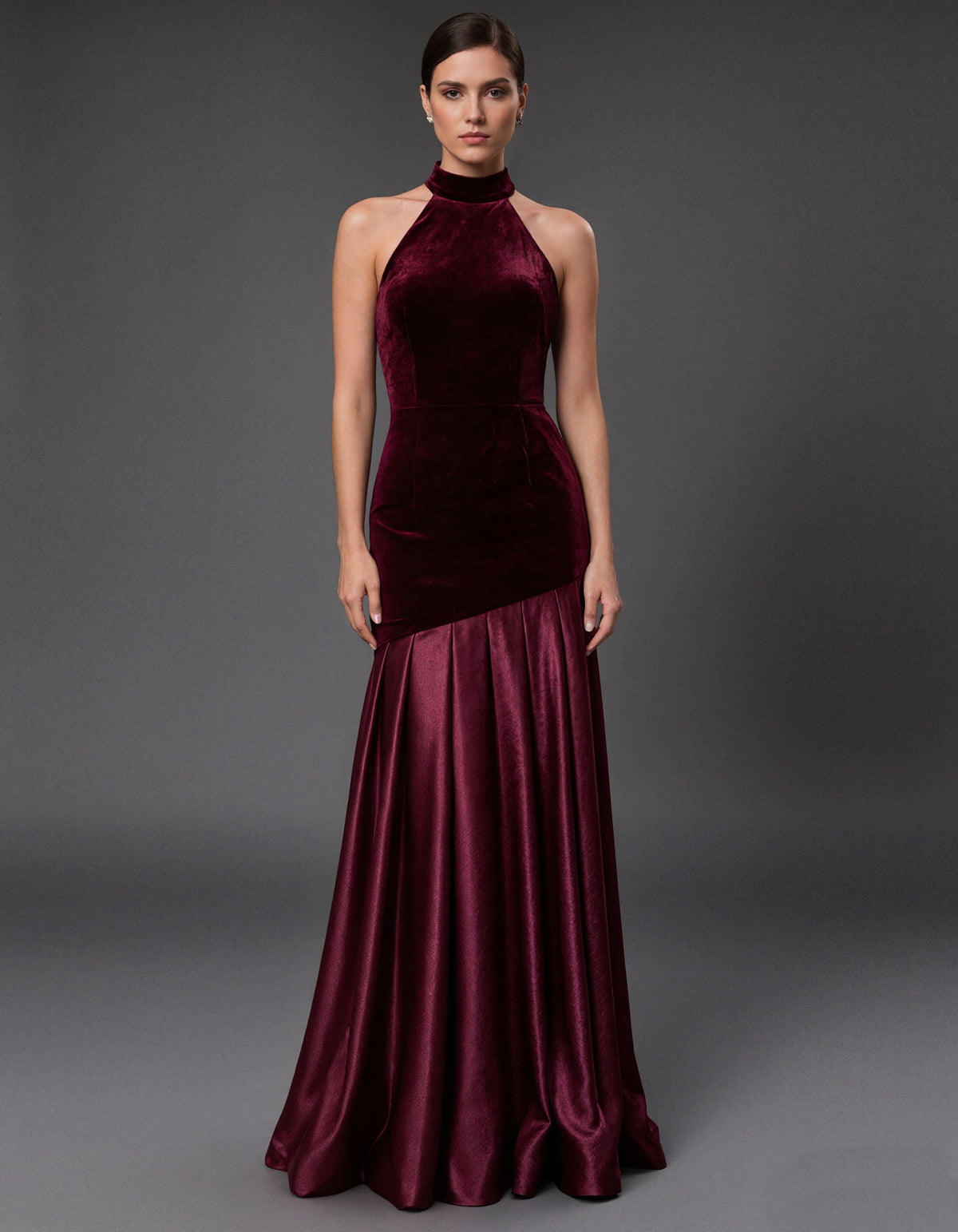 Burgundy Halter Neck Velvet And Satin Patchwork Style Maxi Dress
