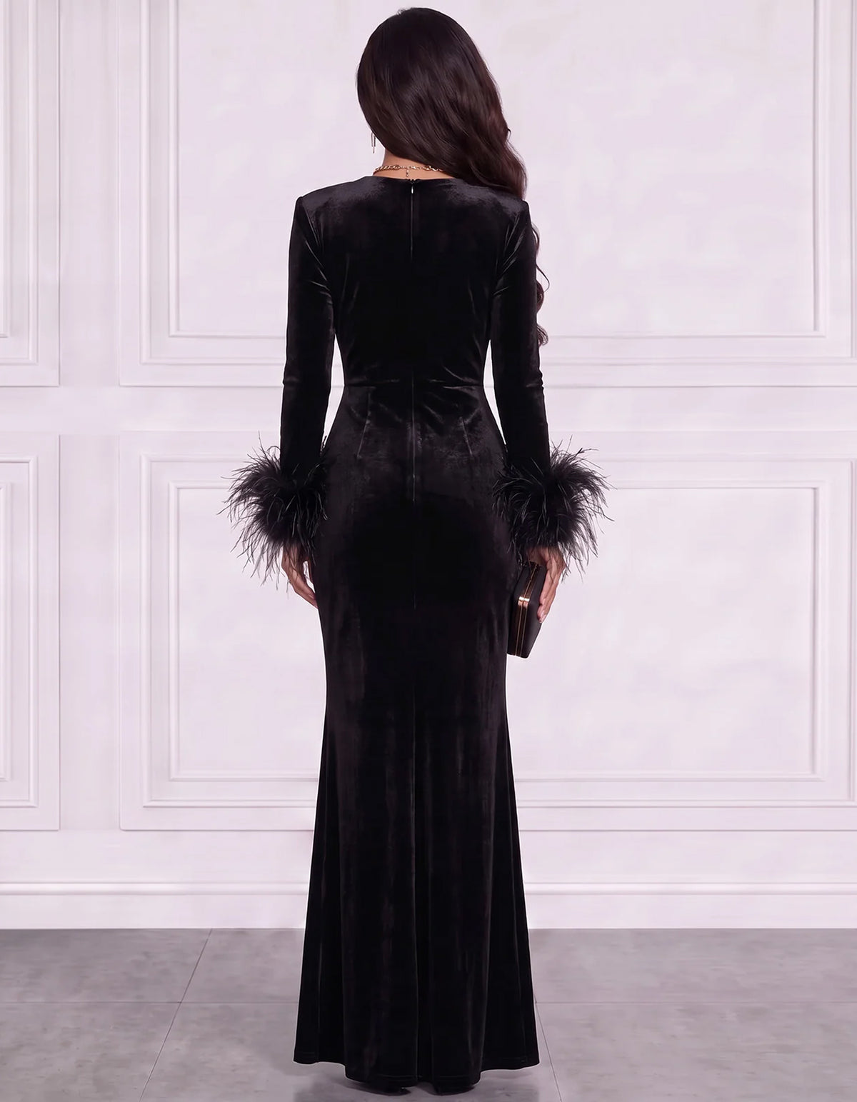 Black Velvet V-Neck With Feather Cuffs Maxi Dress