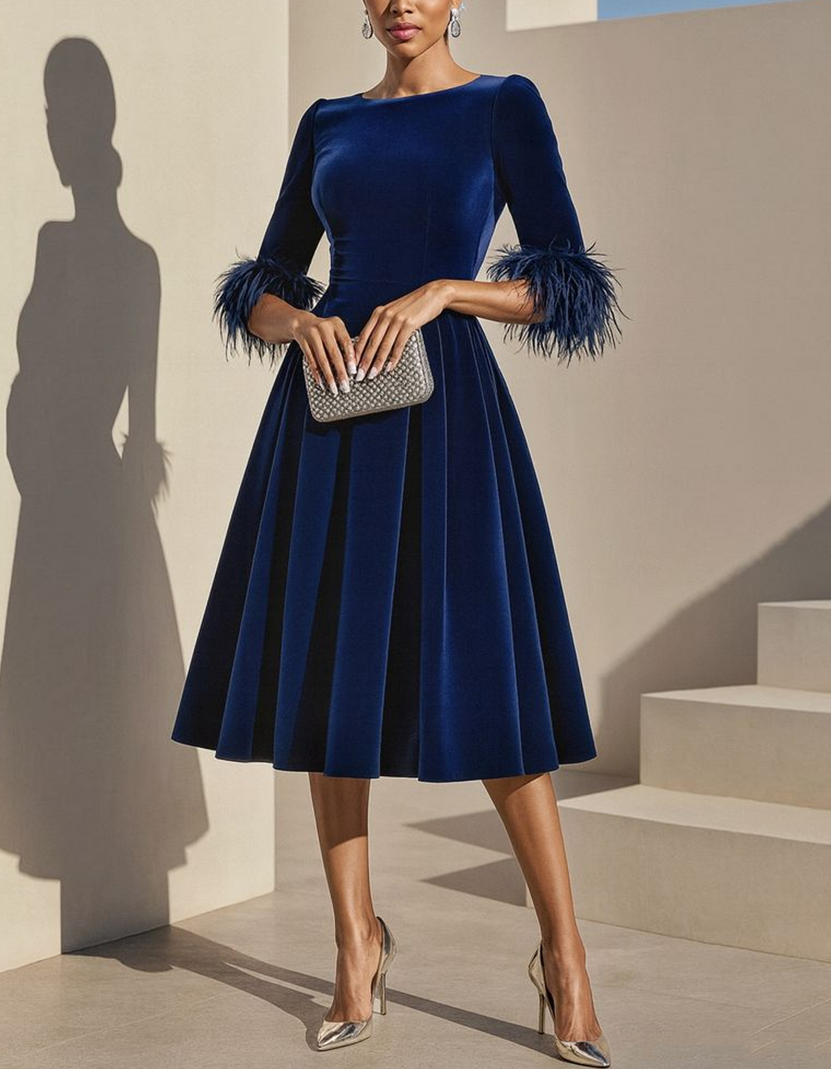 Round-neck Velvet Midi Dress