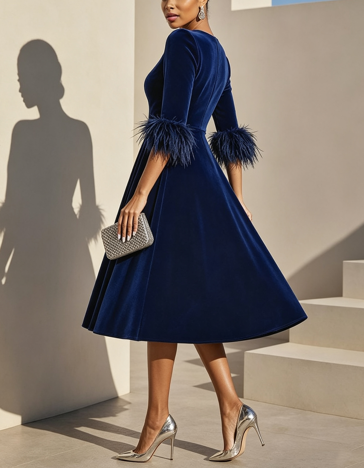 Round-neck Velvet Midi Dress