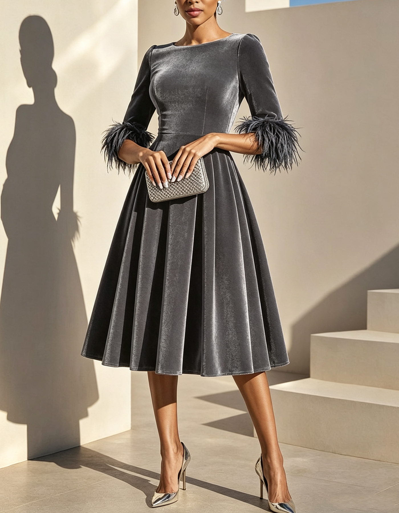 Round-neck Velvet Midi Dress