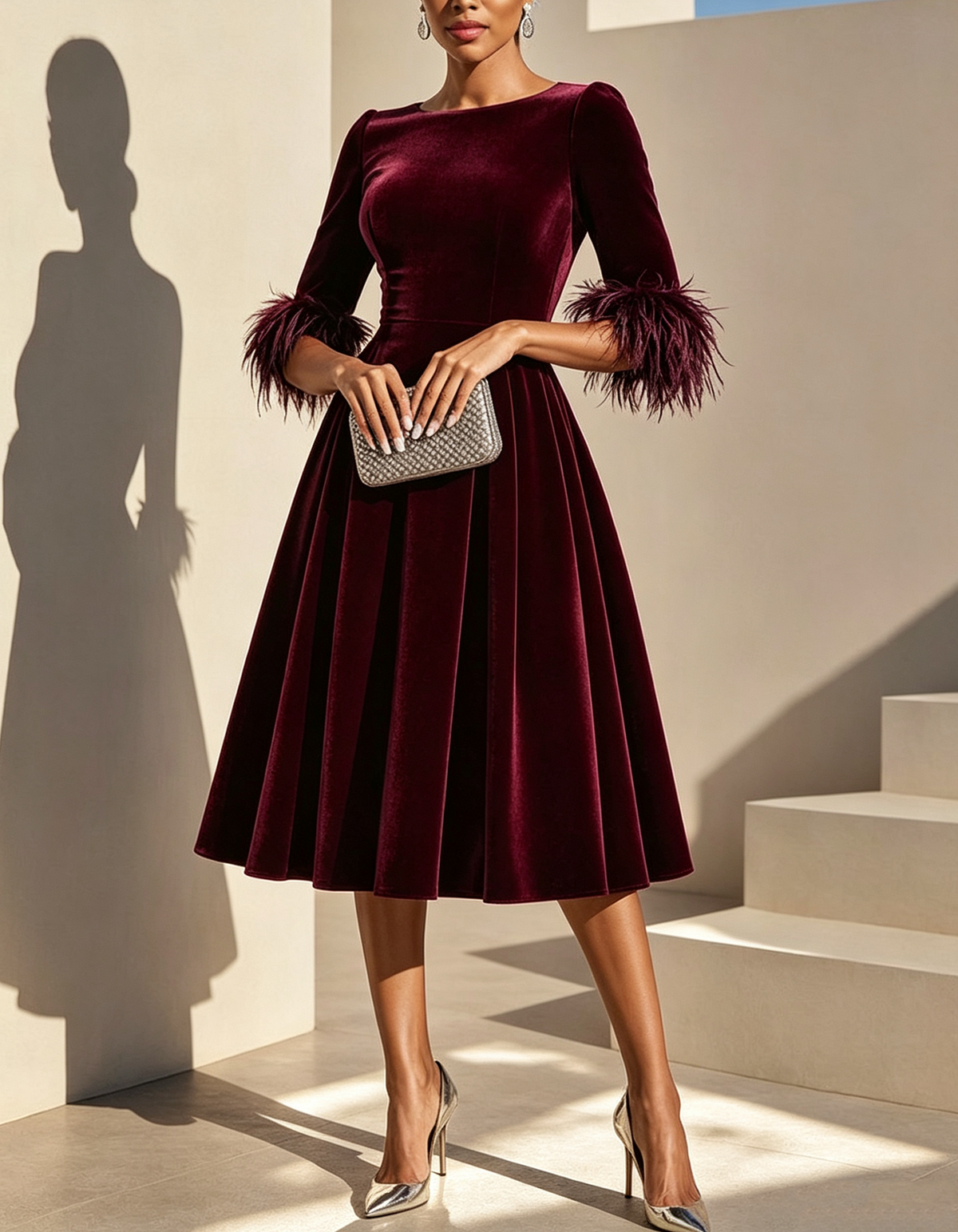 Round-neck Velvet Midi Dress