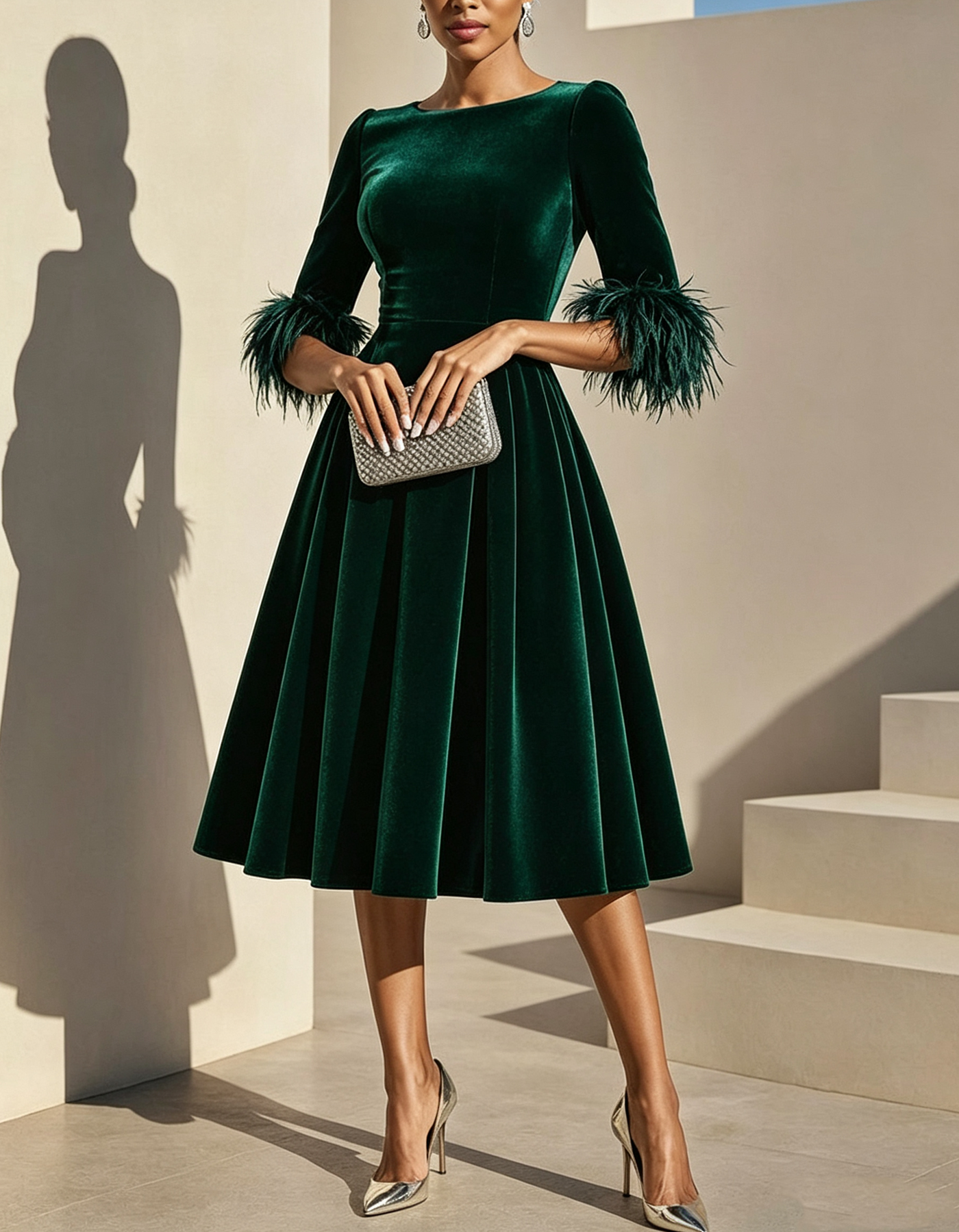 Round-neck Velvet Midi Dress