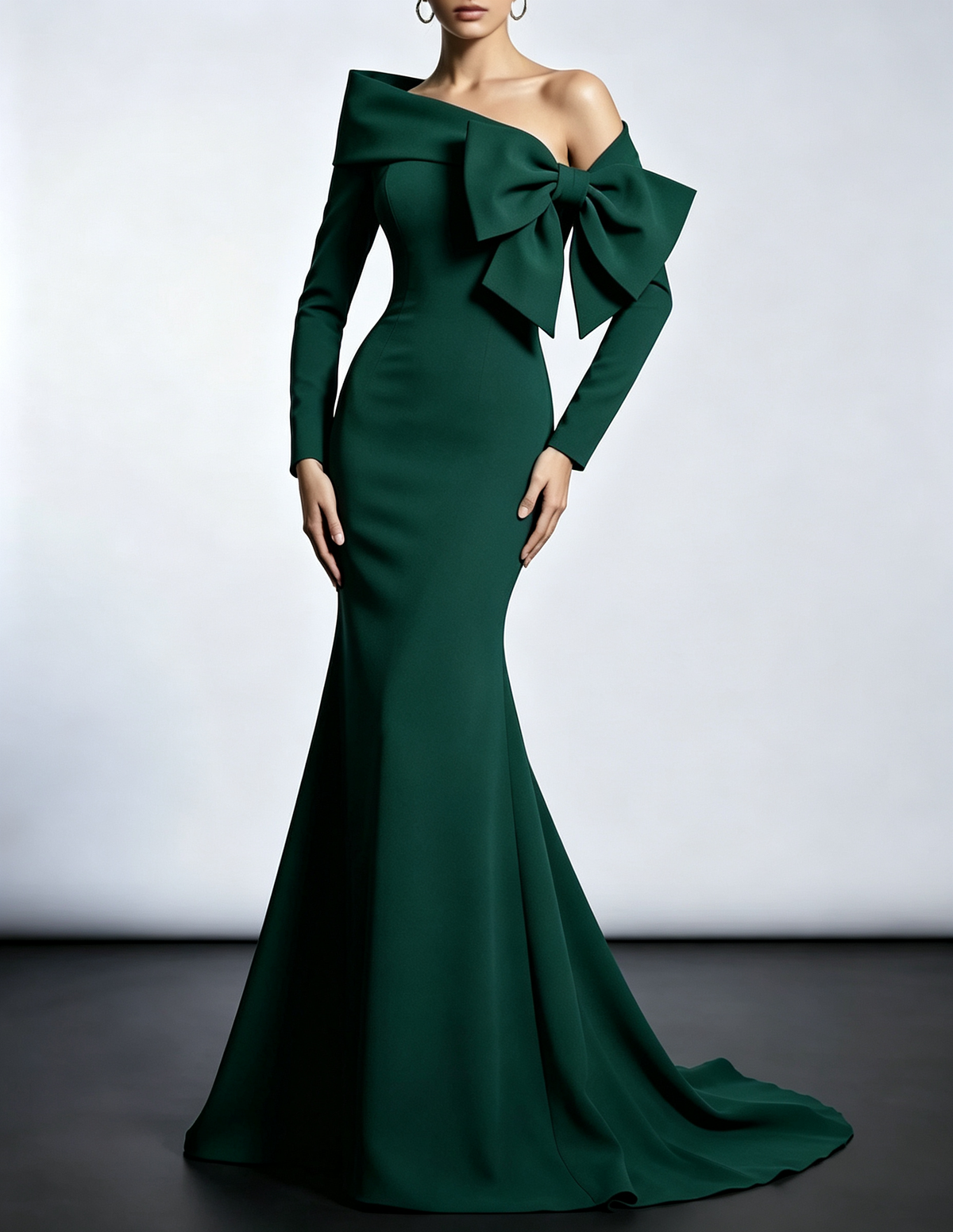 Off The Shoulder Oversized Bow Long Sleeve Mermaid Evening Maxi Dress