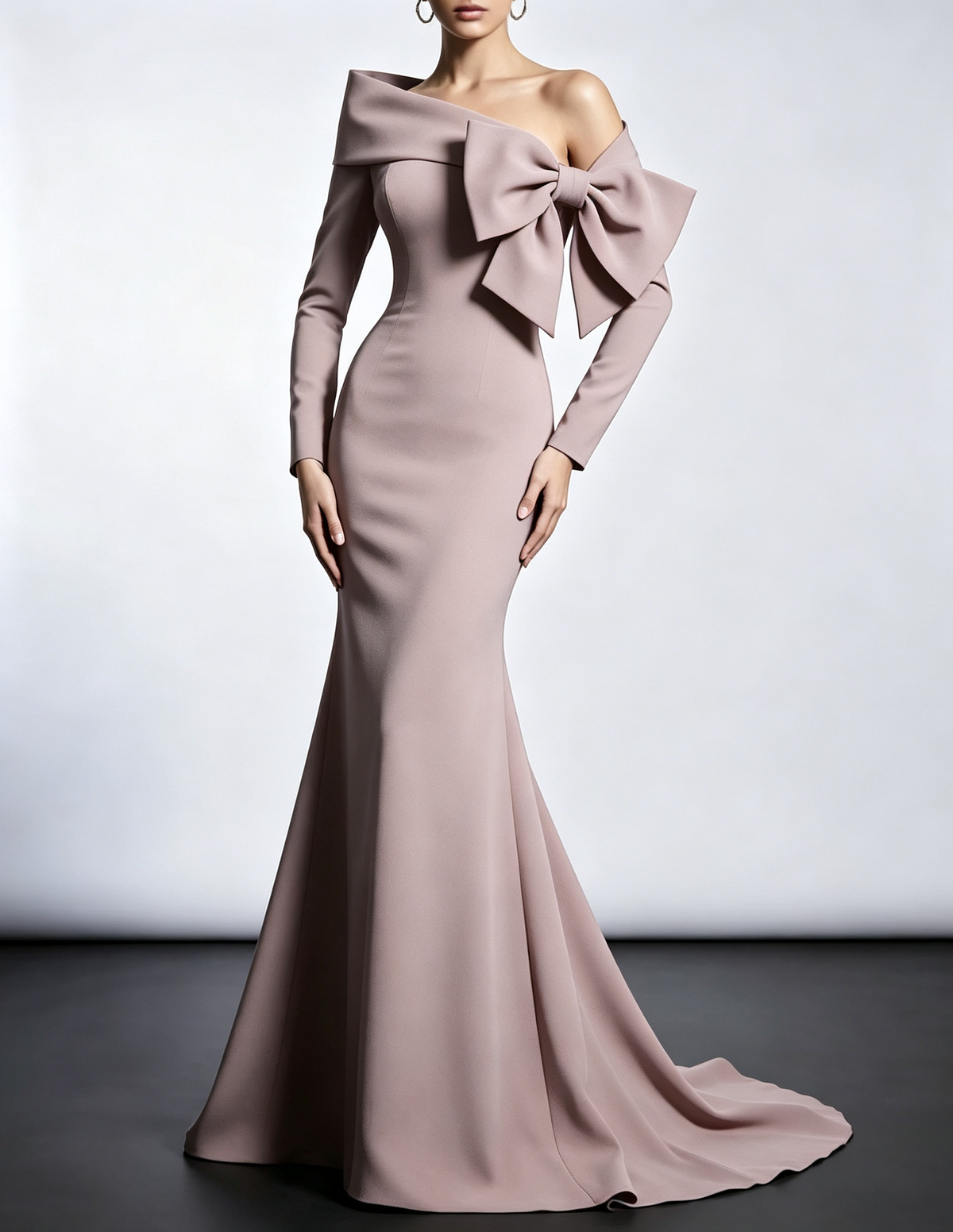 Off The Shoulder Oversized Bow Long Sleeve Mermaid Evening Maxi Dress