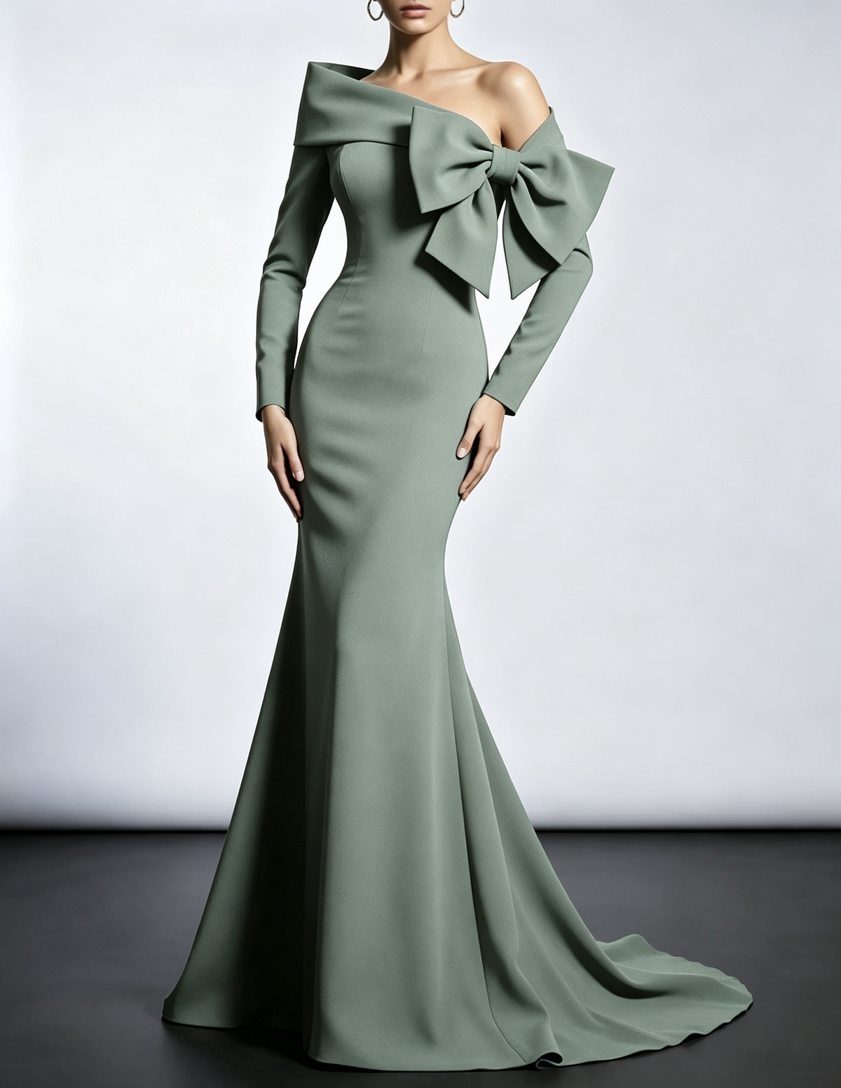 Off The Shoulder Oversized Bow Long Sleeve Mermaid Evening Maxi Dress