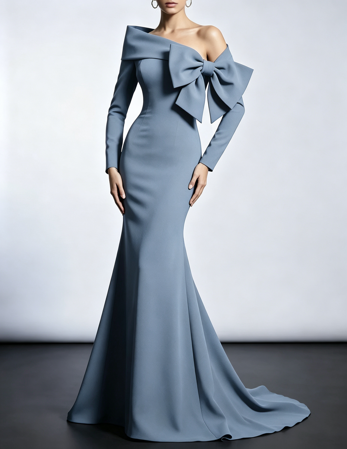 Off The Shoulder Oversized Bow Long Sleeve Mermaid Evening Maxi Dress
