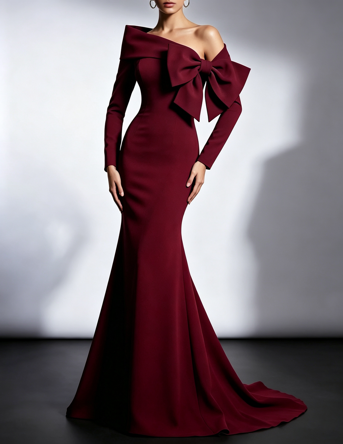 Off The Shoulder Oversized Bow Long Sleeve Mermaid Evening Maxi Dress