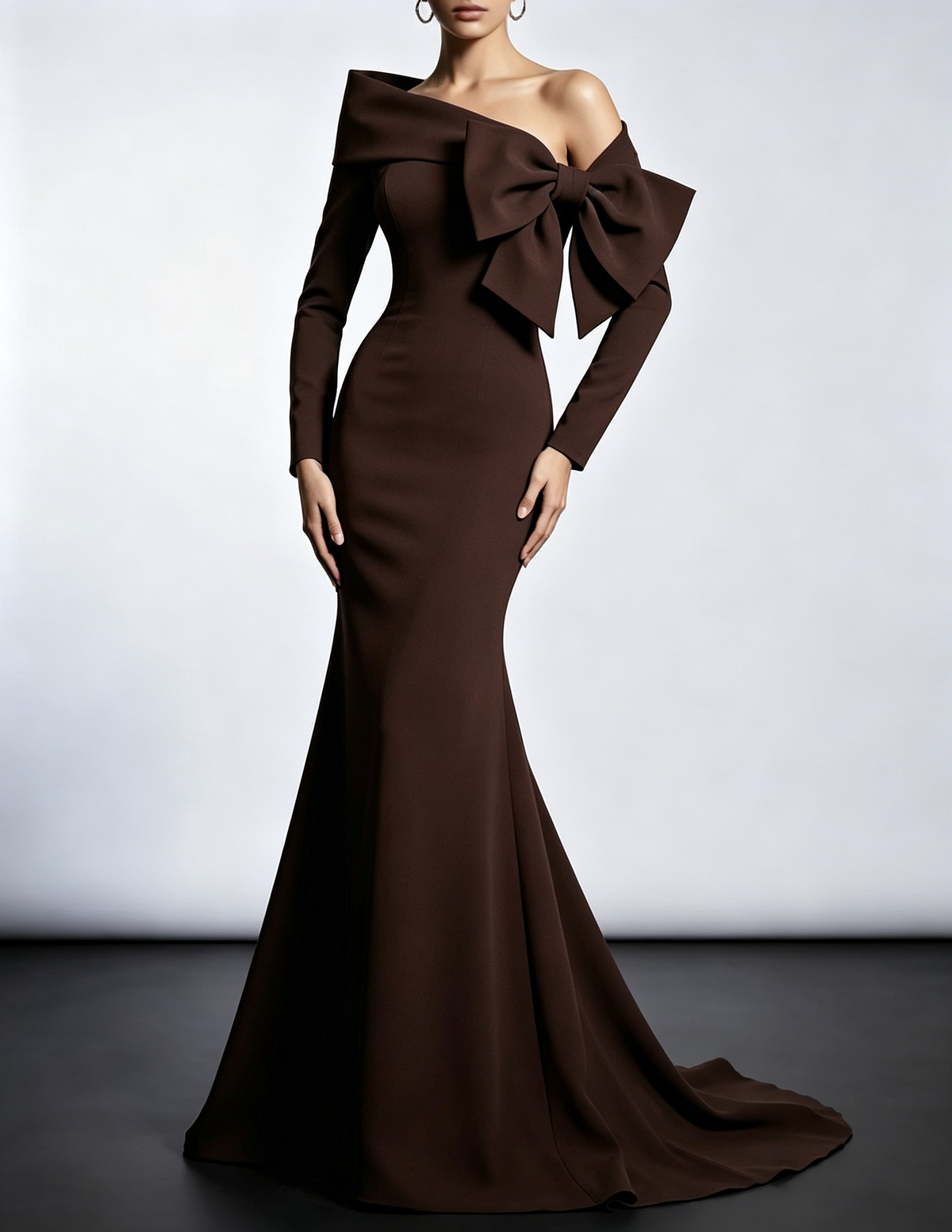 Off The Shoulder Oversized Bow Long Sleeve Mermaid Evening Maxi Dress