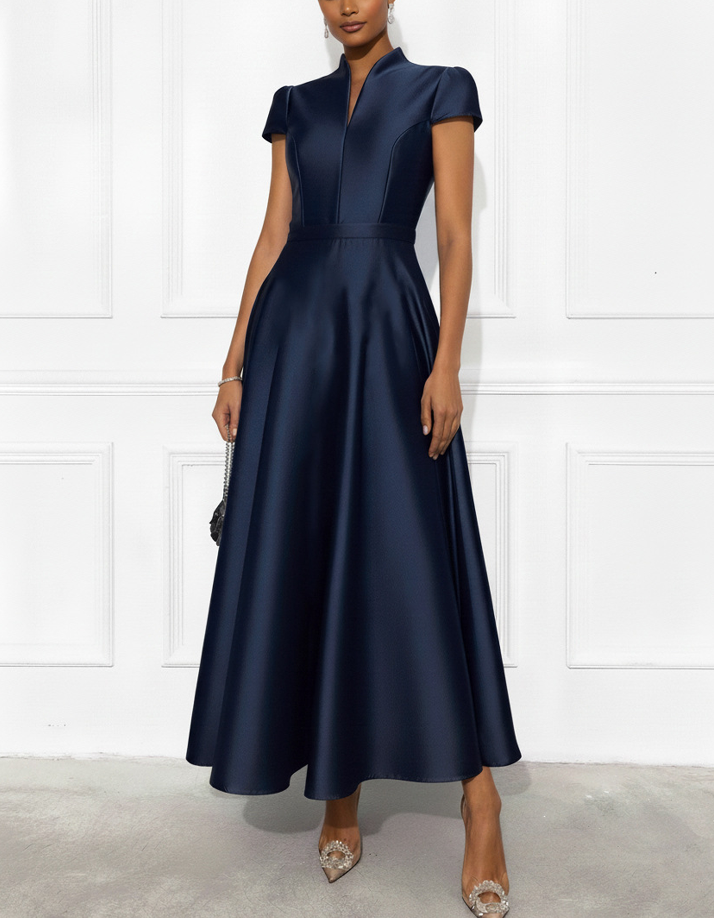 Satin Stand Collar With A Slit Neckline Midi Dress