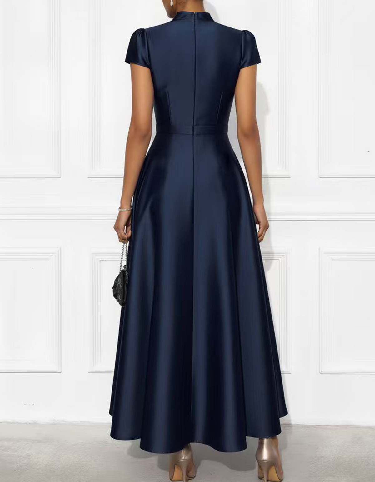 Satin Stand Collar With A Slit Neckline Midi Dress