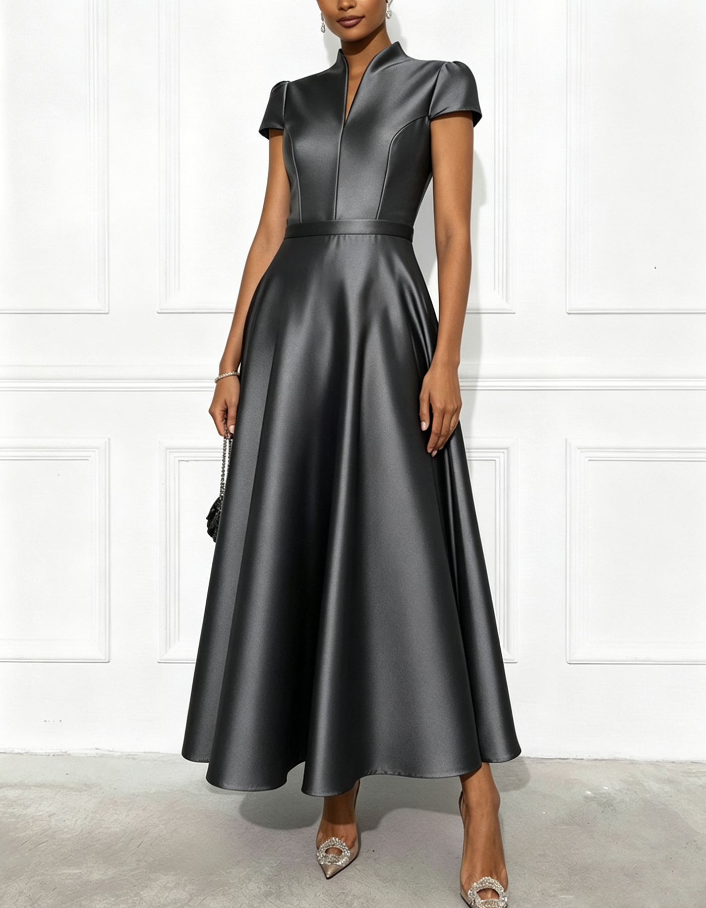 Satin Stand Collar With A Slit Neckline Midi Dress