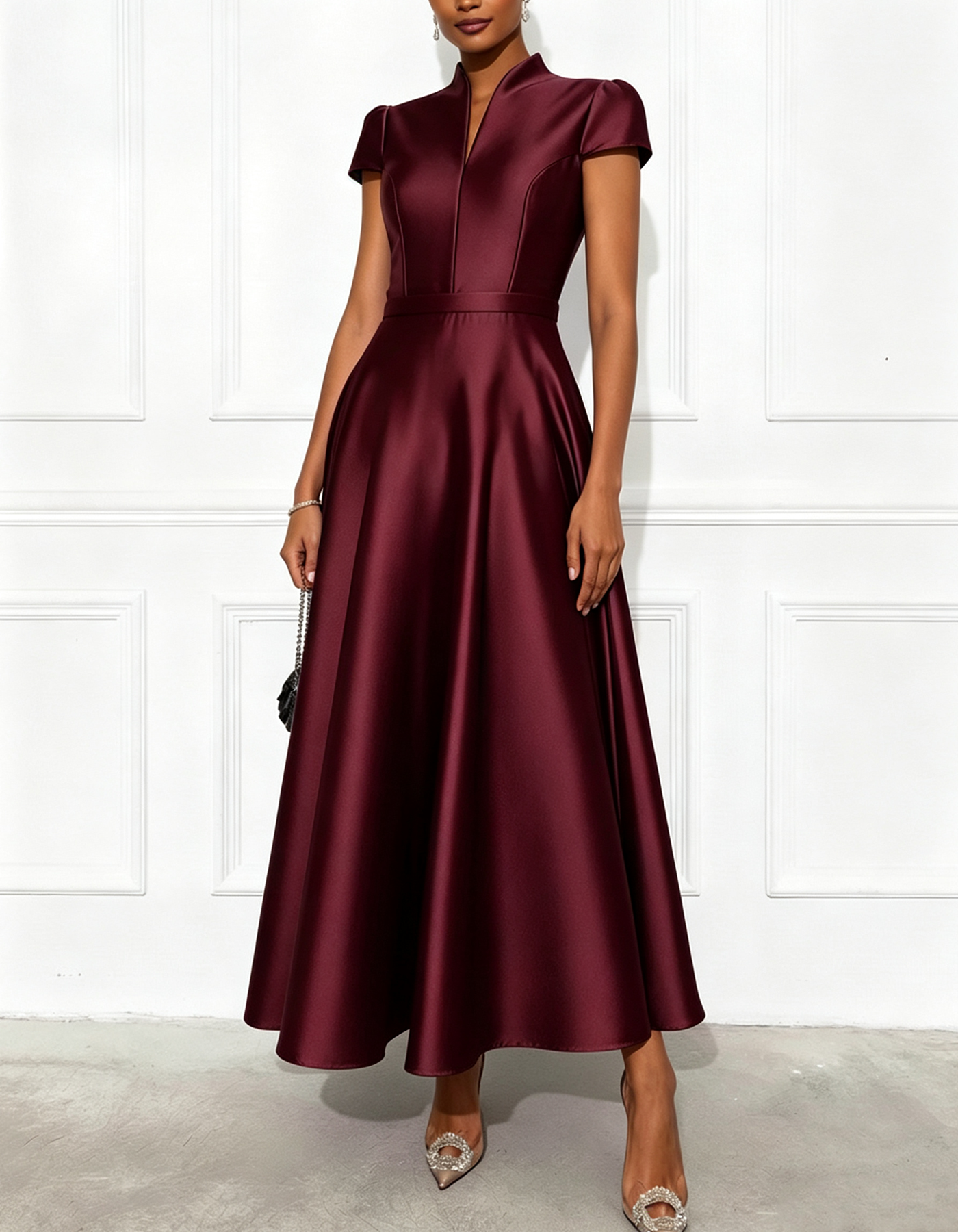 Satin Stand Collar With A Slit Neckline Midi Dress