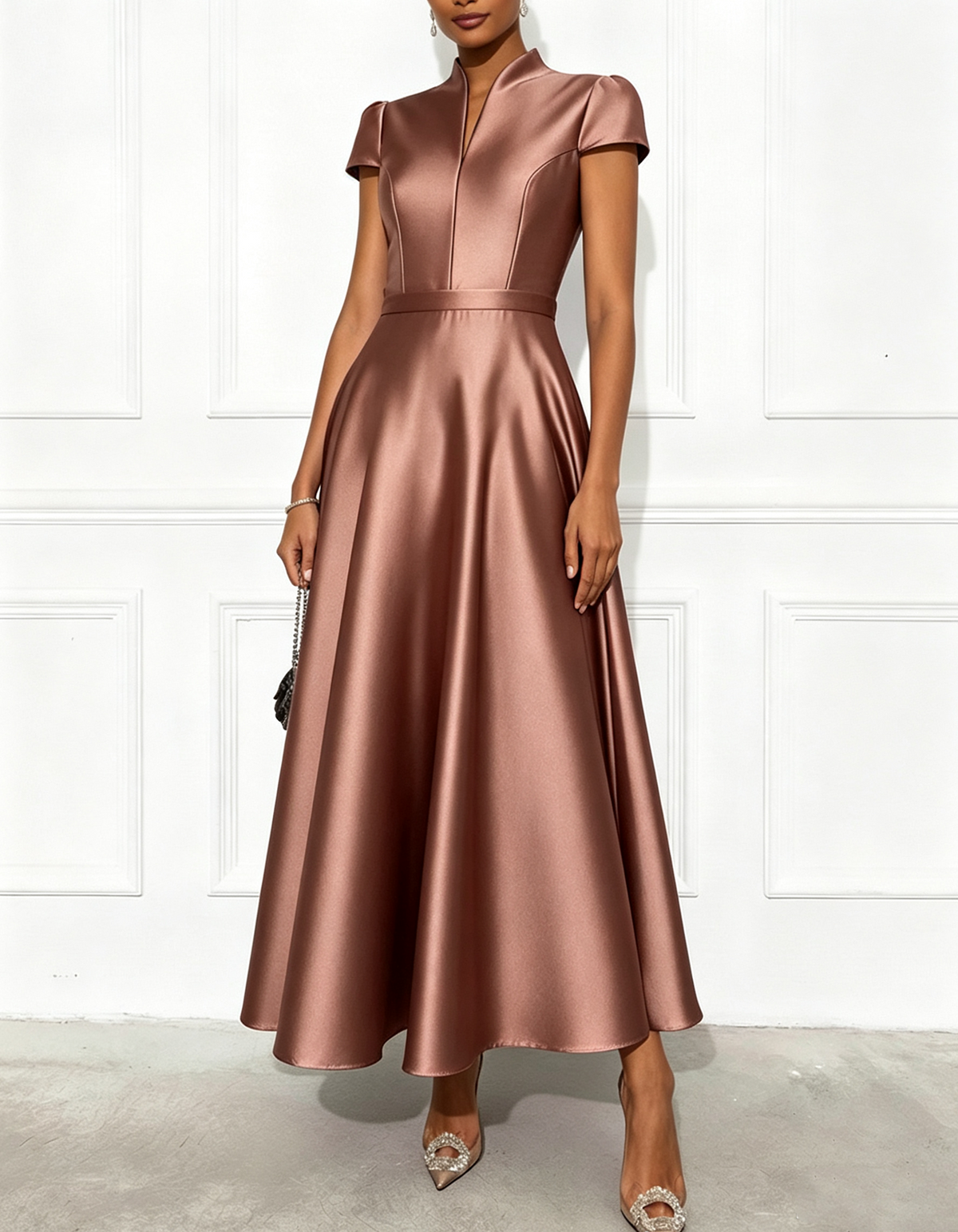 Satin Stand Collar With A Slit Neckline Midi Dress