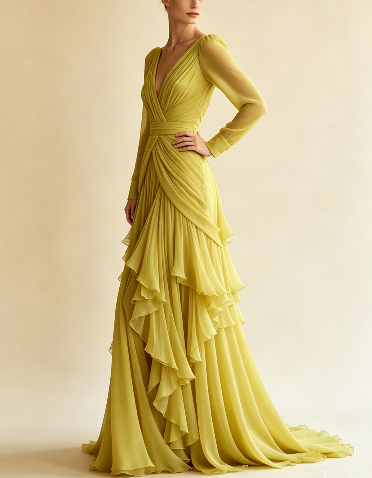 Deep-V Wrap Chiffon Long Sleeves Maxi Dress