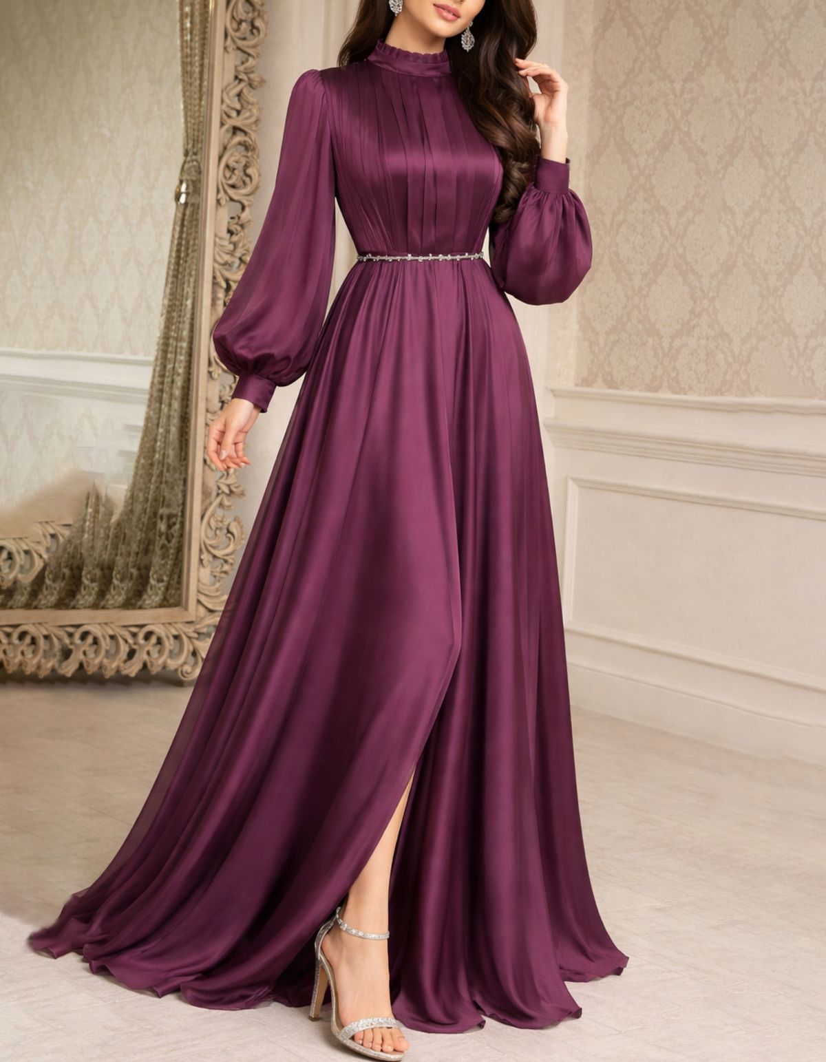 High Neck Satin Long Puff Sleeve A-Line Evening Maxi Dress