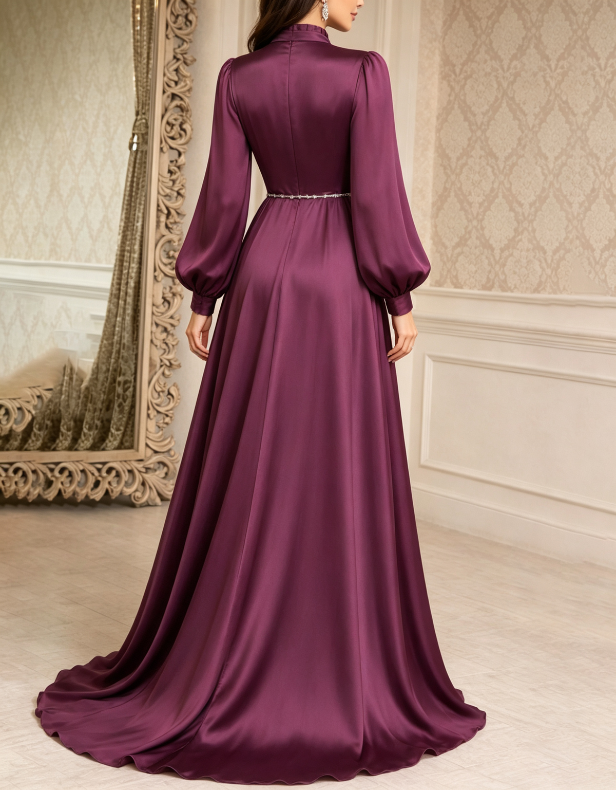 High Neck Satin Long Puff Sleeve A-Line Evening Maxi Dress
