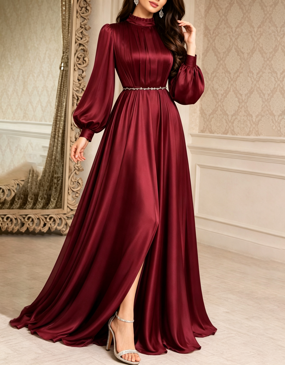 High Neck Satin Long Puff Sleeve A-Line Evening Maxi Dress