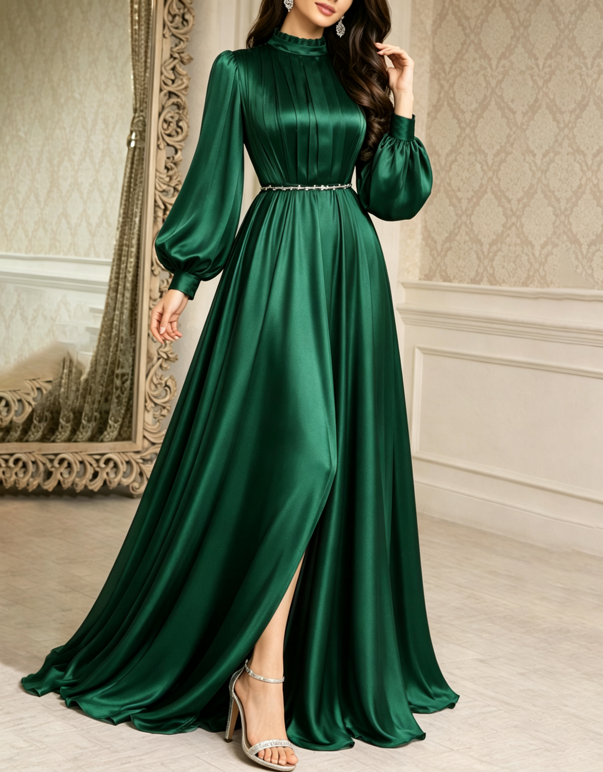 High Neck Satin Long Puff Sleeve A-Line Evening Maxi Dress