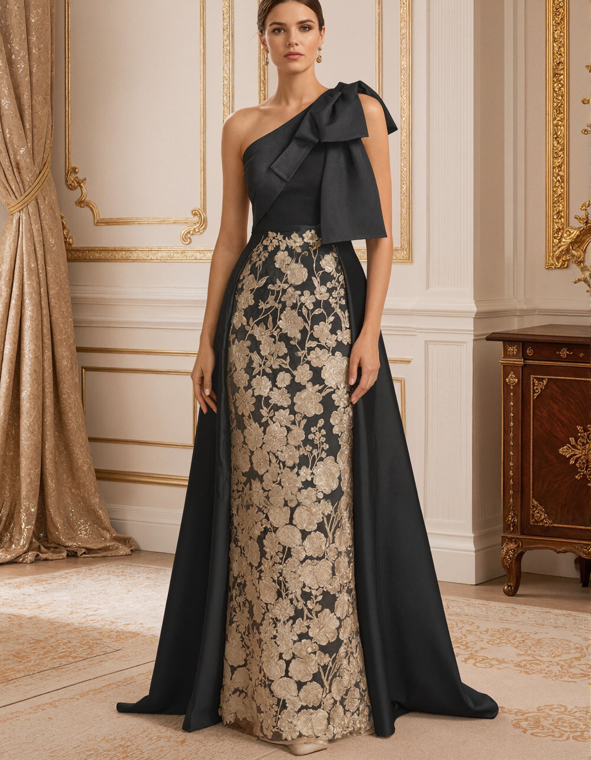 Black Satin One Shoulder Bow Detail Maxi Dress