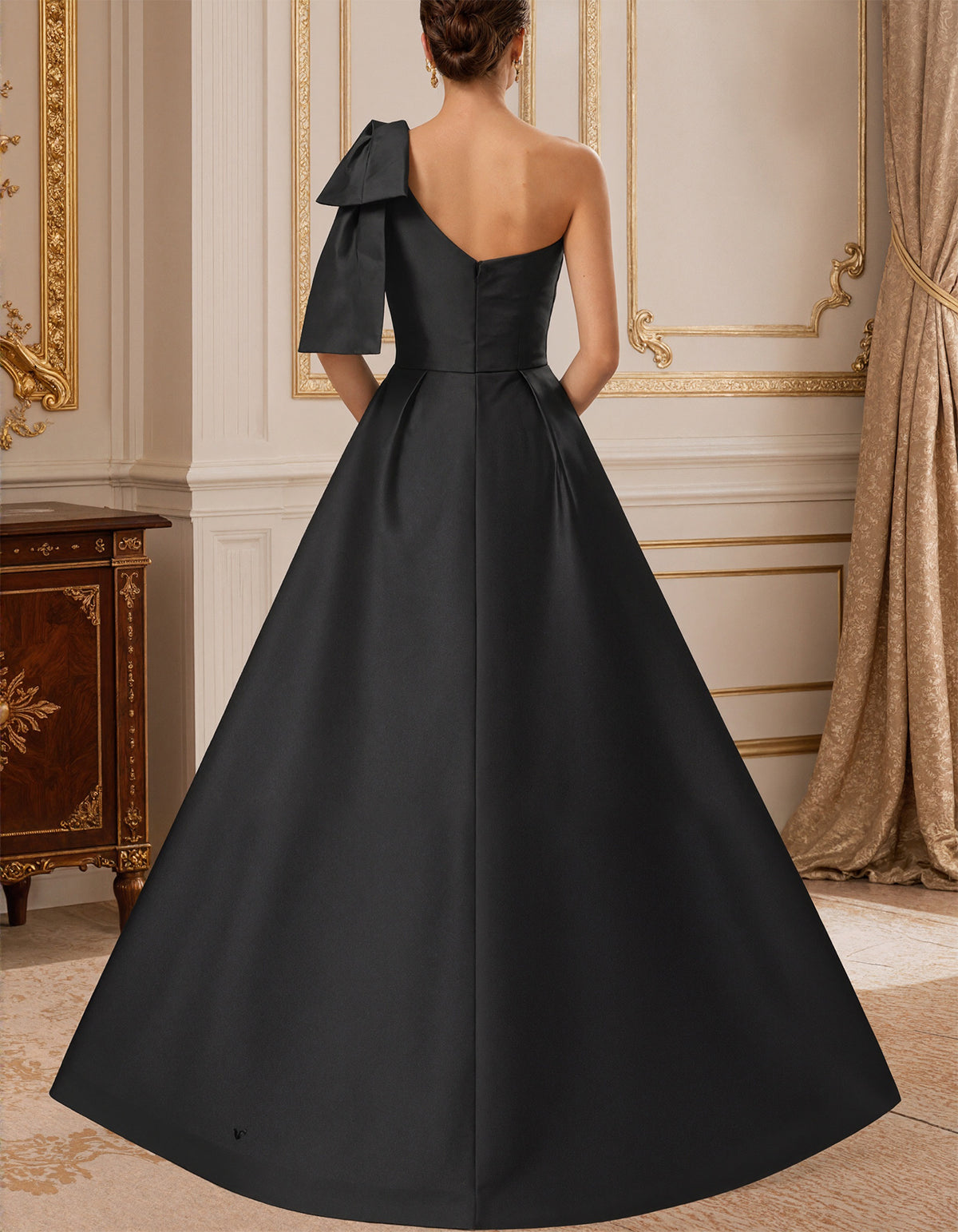 Black Satin One Shoulder Bow Detail Maxi Dress