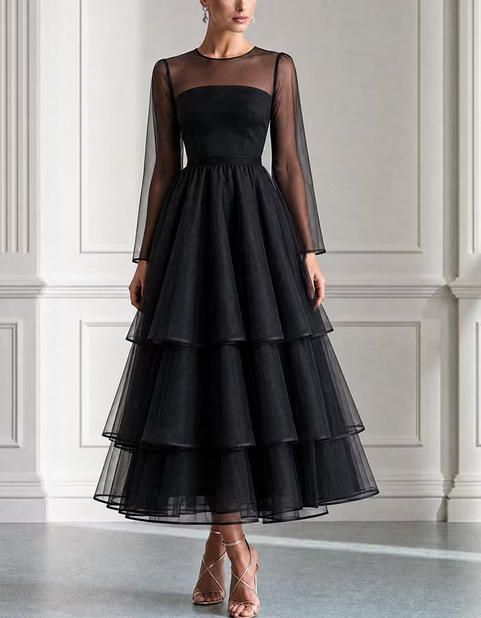 Black Round Neck Layered Tulle Midi Dress