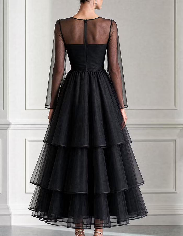 Black Round Neck Layered Tulle Midi Dress
