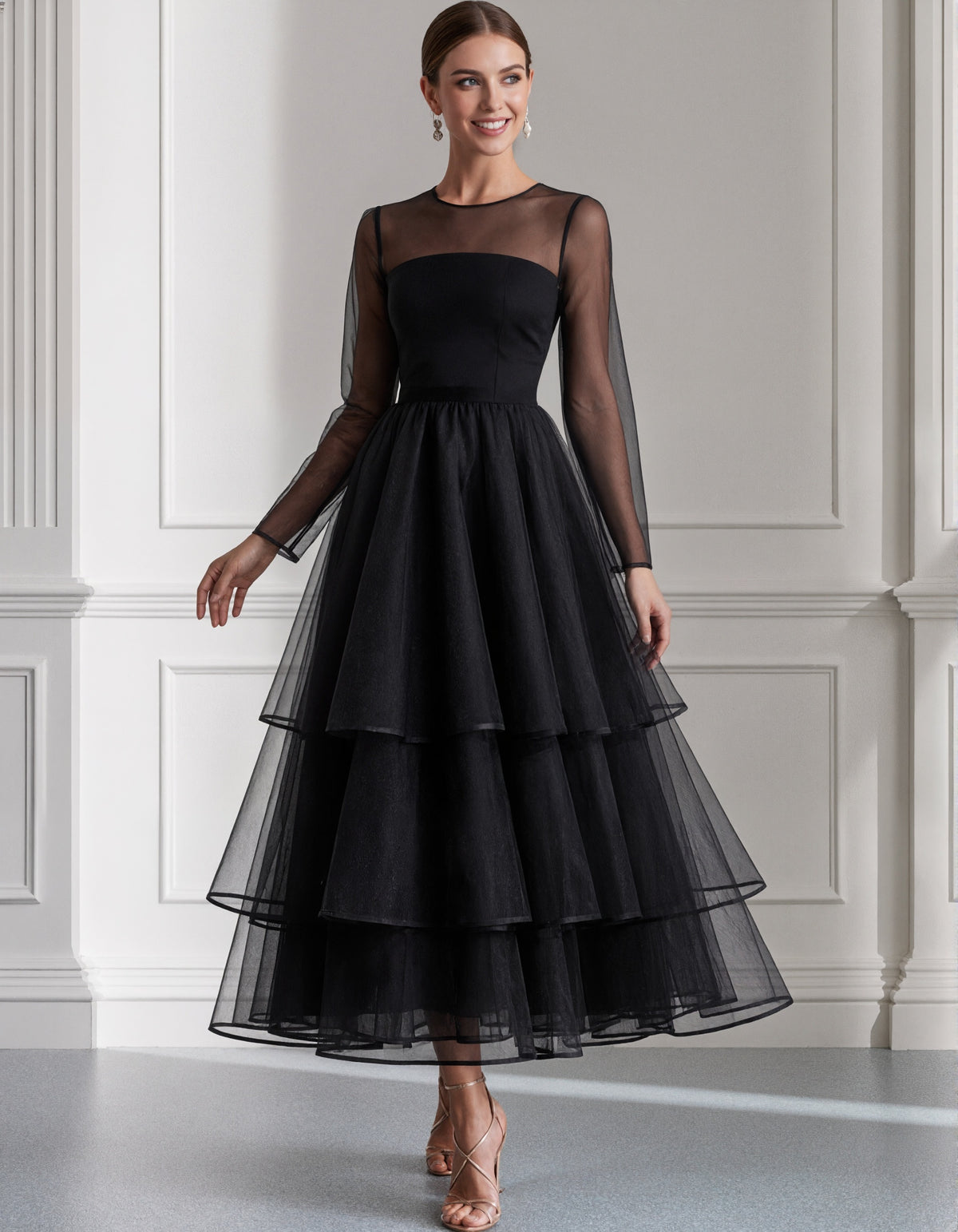 Black Round Neck Layered Tulle Midi Dress