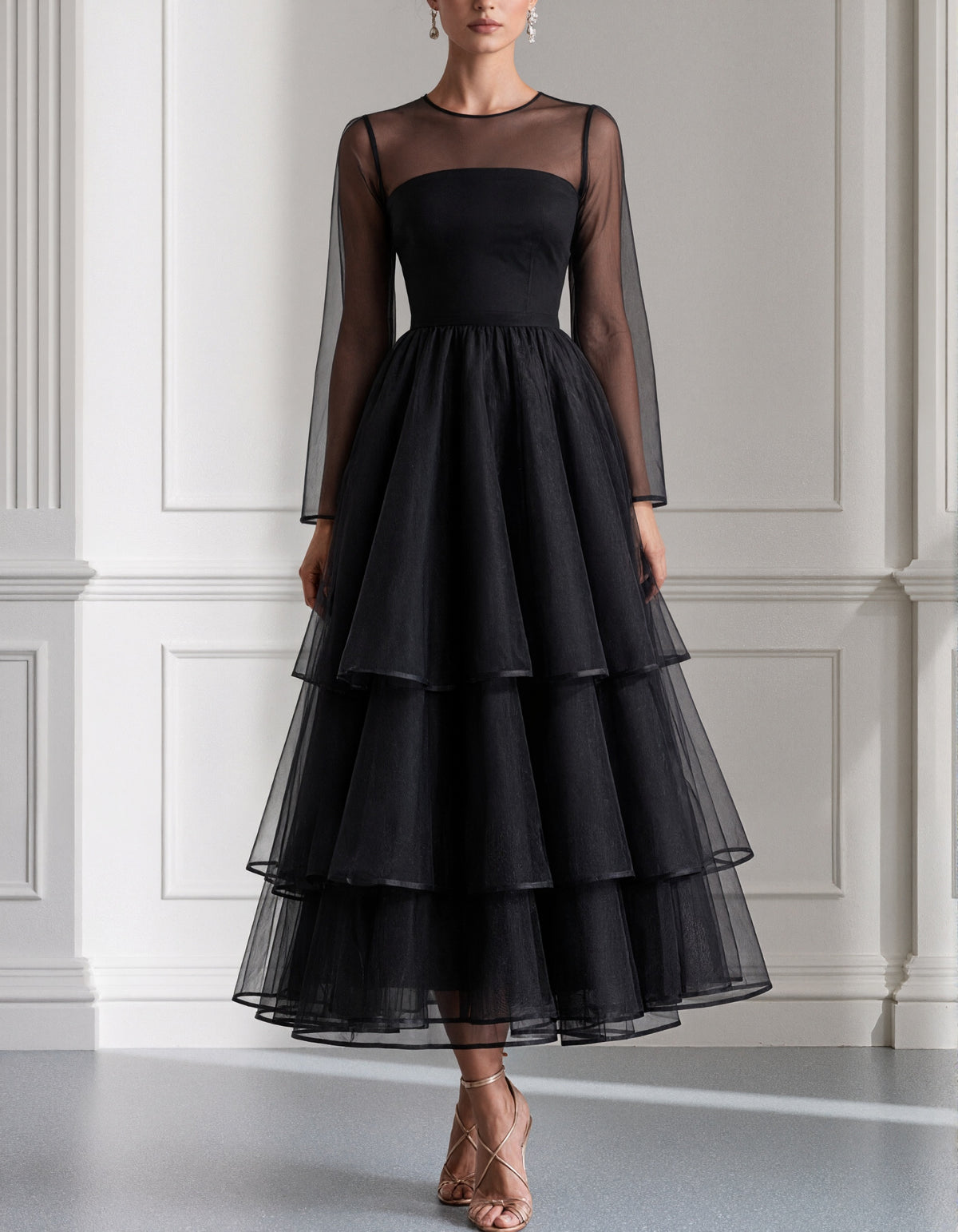 Black Round Neck Layered Tulle Midi Dress