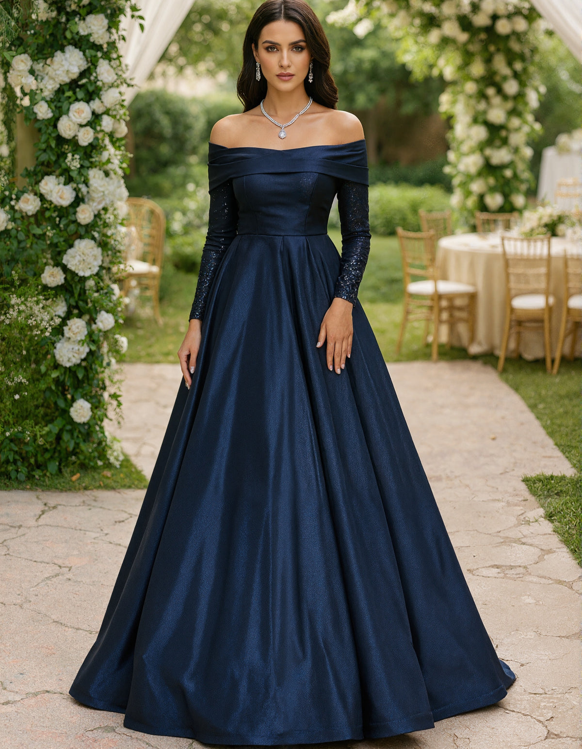 Dark Blue Off The Shoulder Satin Maxi Dress