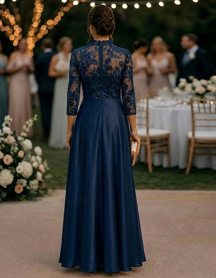 Navy Blue Stand Collar Lace And Satin Maxi Dress