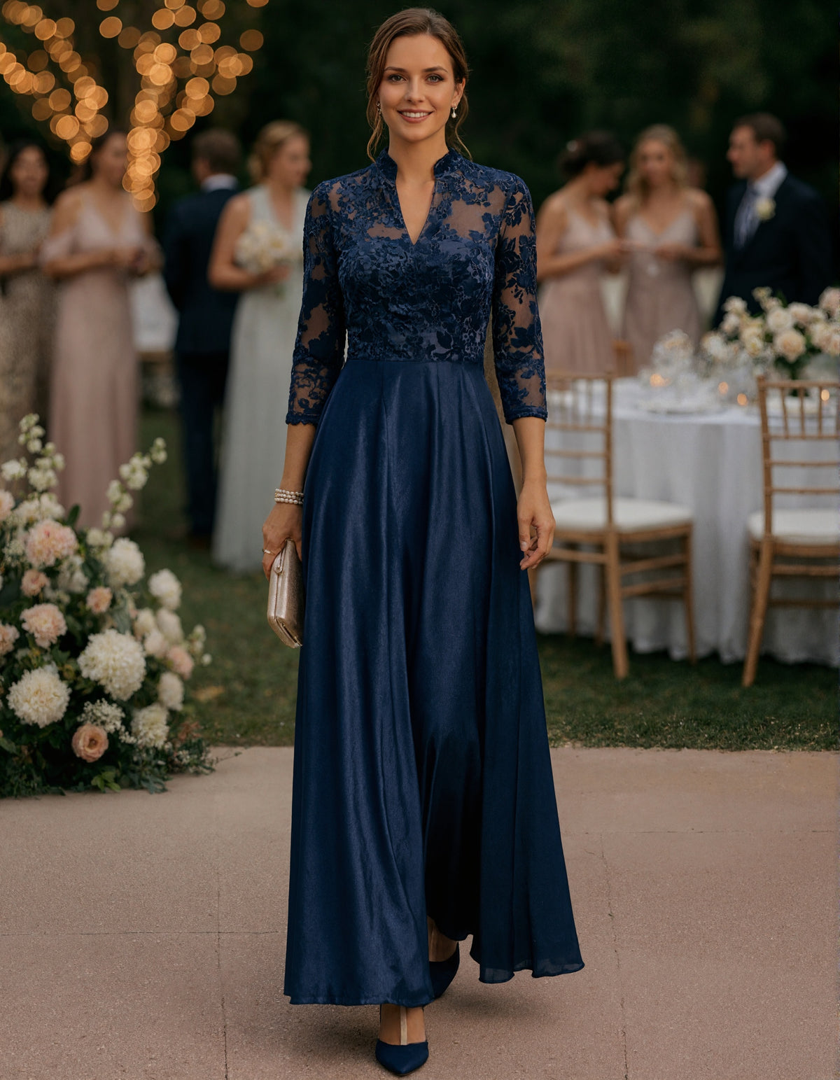 Navy Blue Stand Collar Lace And Satin Maxi Dress