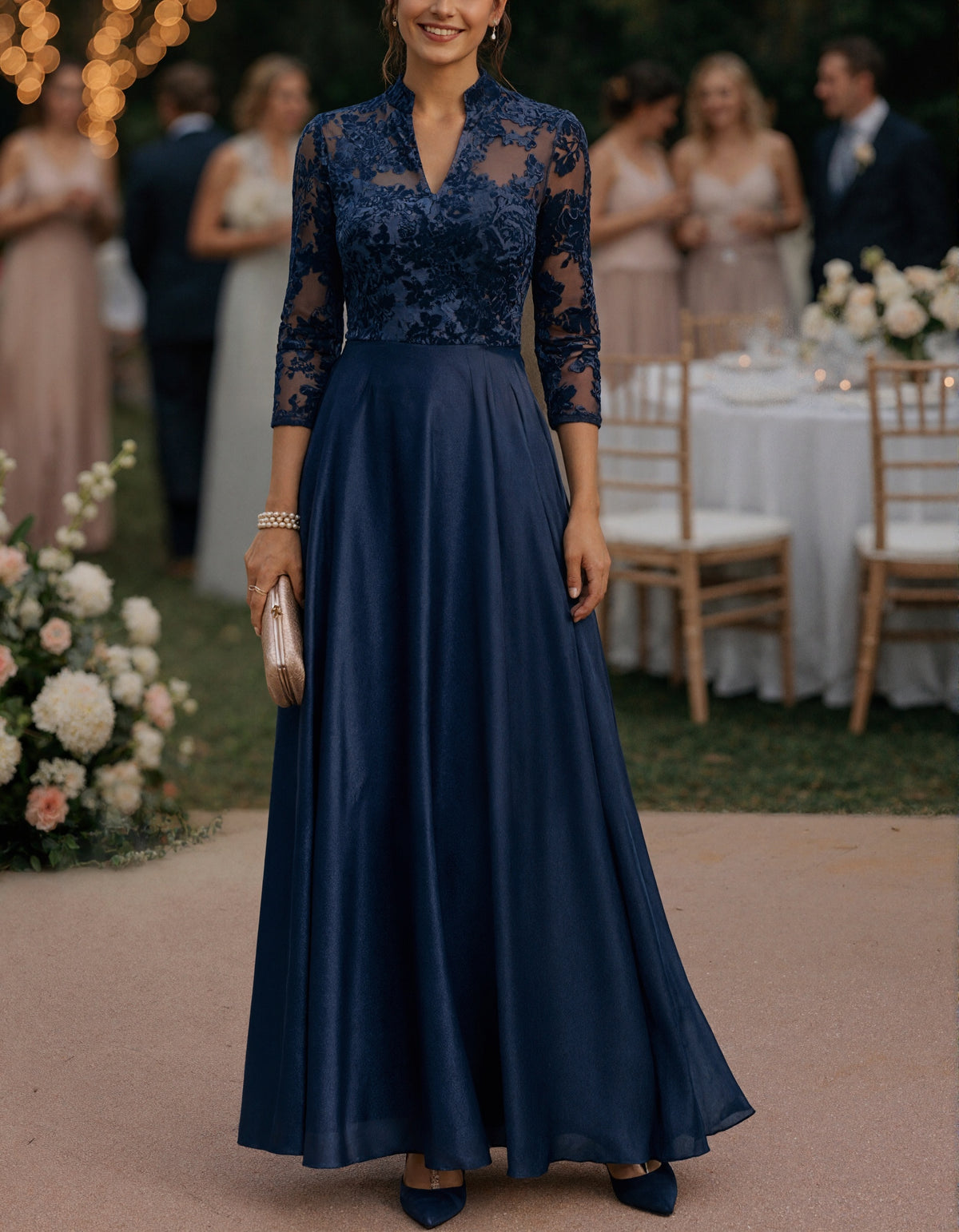 Navy Blue Stand Collar Lace And Satin Maxi Dress