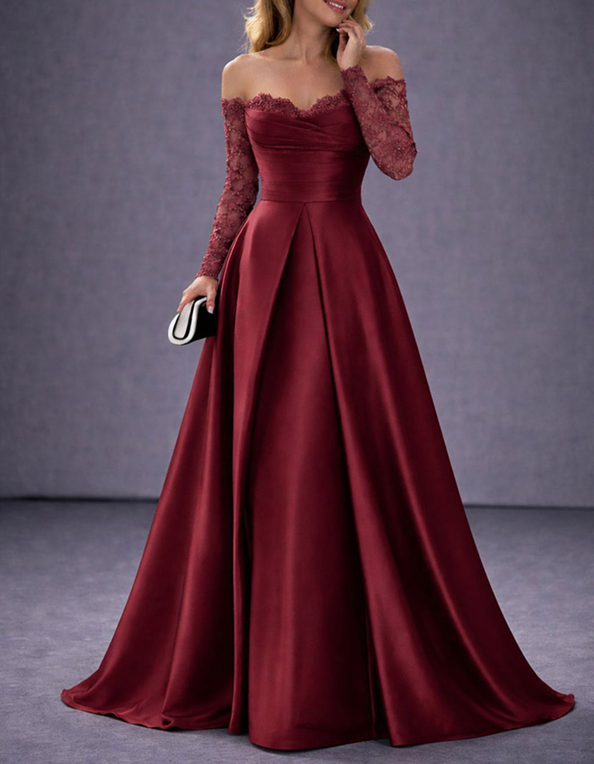 Burgundy Off-the-Shoulder Lace Sleeve Satin A-Line Maxi Dress