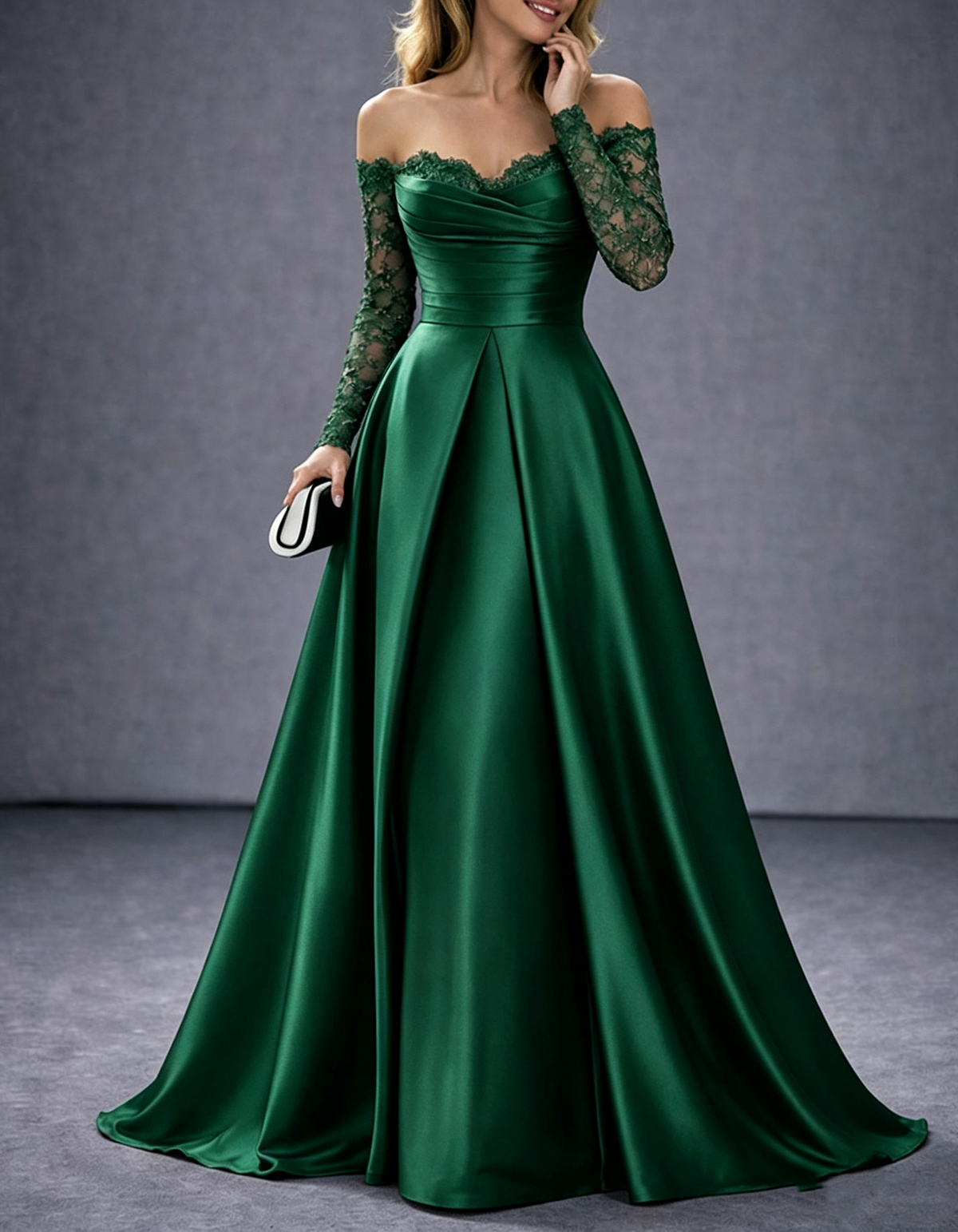 Burgundy Off-the-Shoulder Lace Sleeve Satin A-Line Maxi Dress