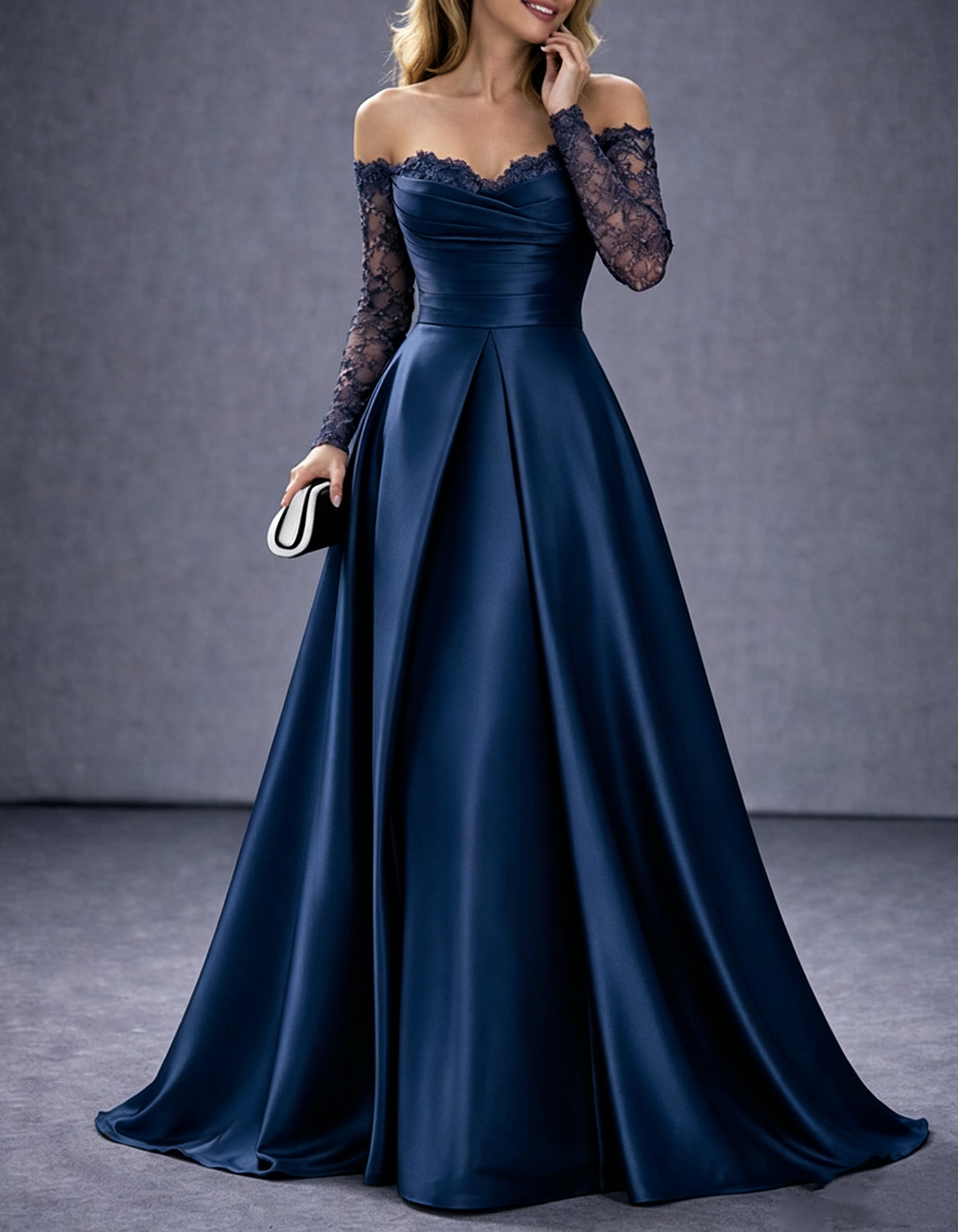 Burgundy Off-the-Shoulder Lace Sleeve Satin A-Line Maxi Dress