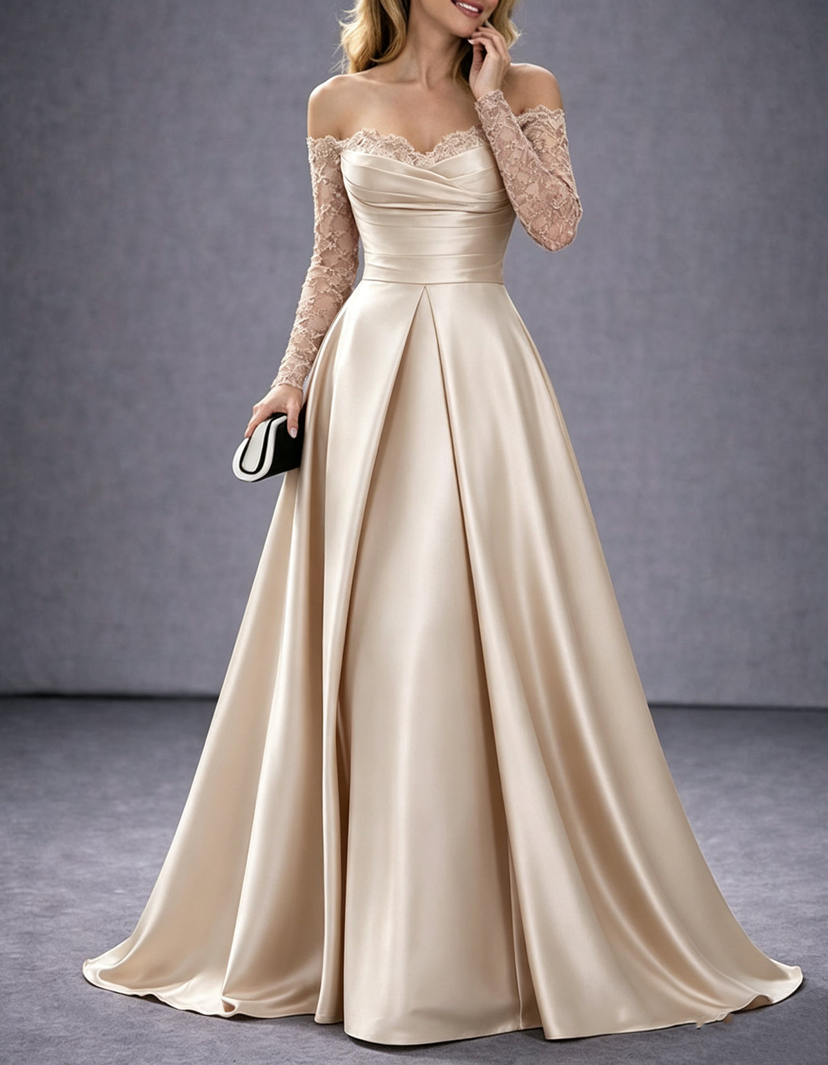Burgundy Off-the-Shoulder Lace Sleeve Satin A-Line Maxi Dress