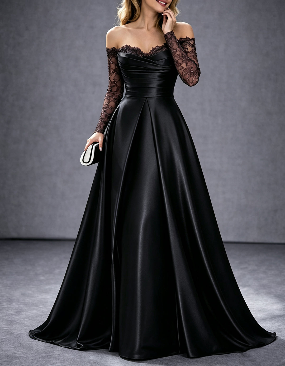 Burgundy Off-the-Shoulder Lace Sleeve Satin A-Line Maxi Dress