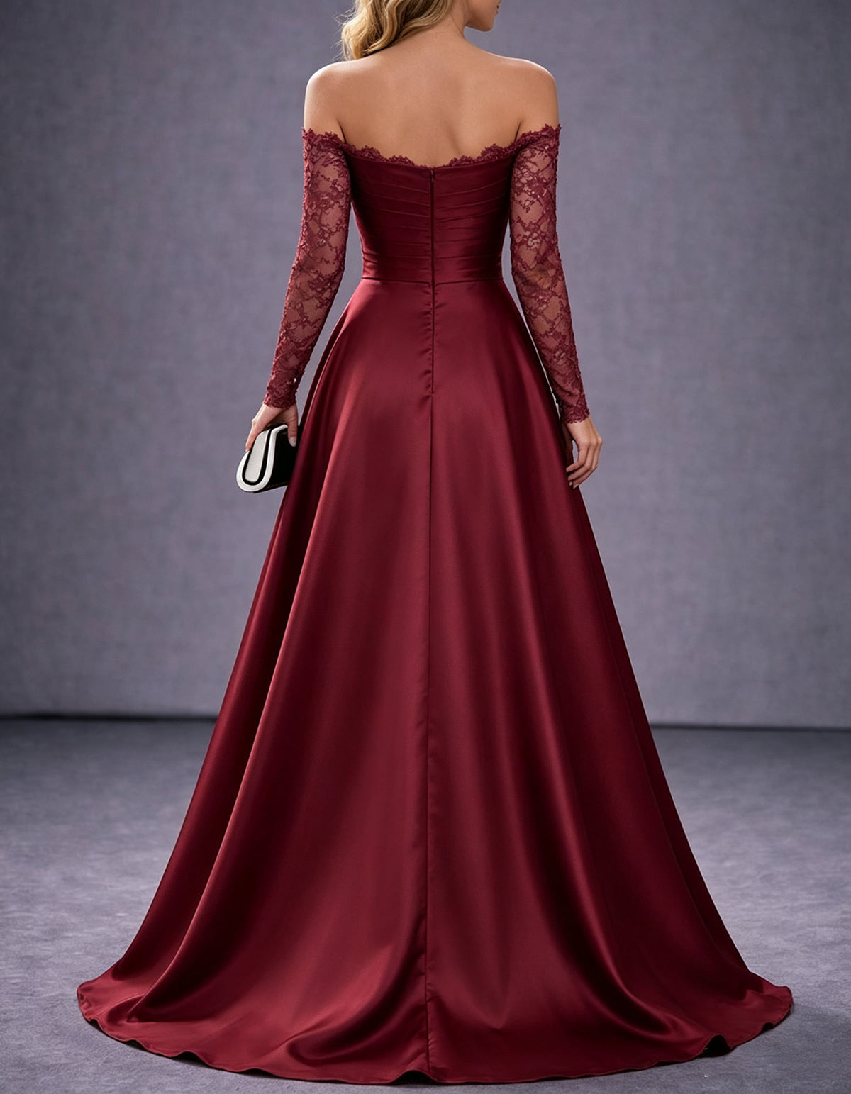 Burgundy Off-the-Shoulder Lace Sleeve Satin A-Line Maxi Dress