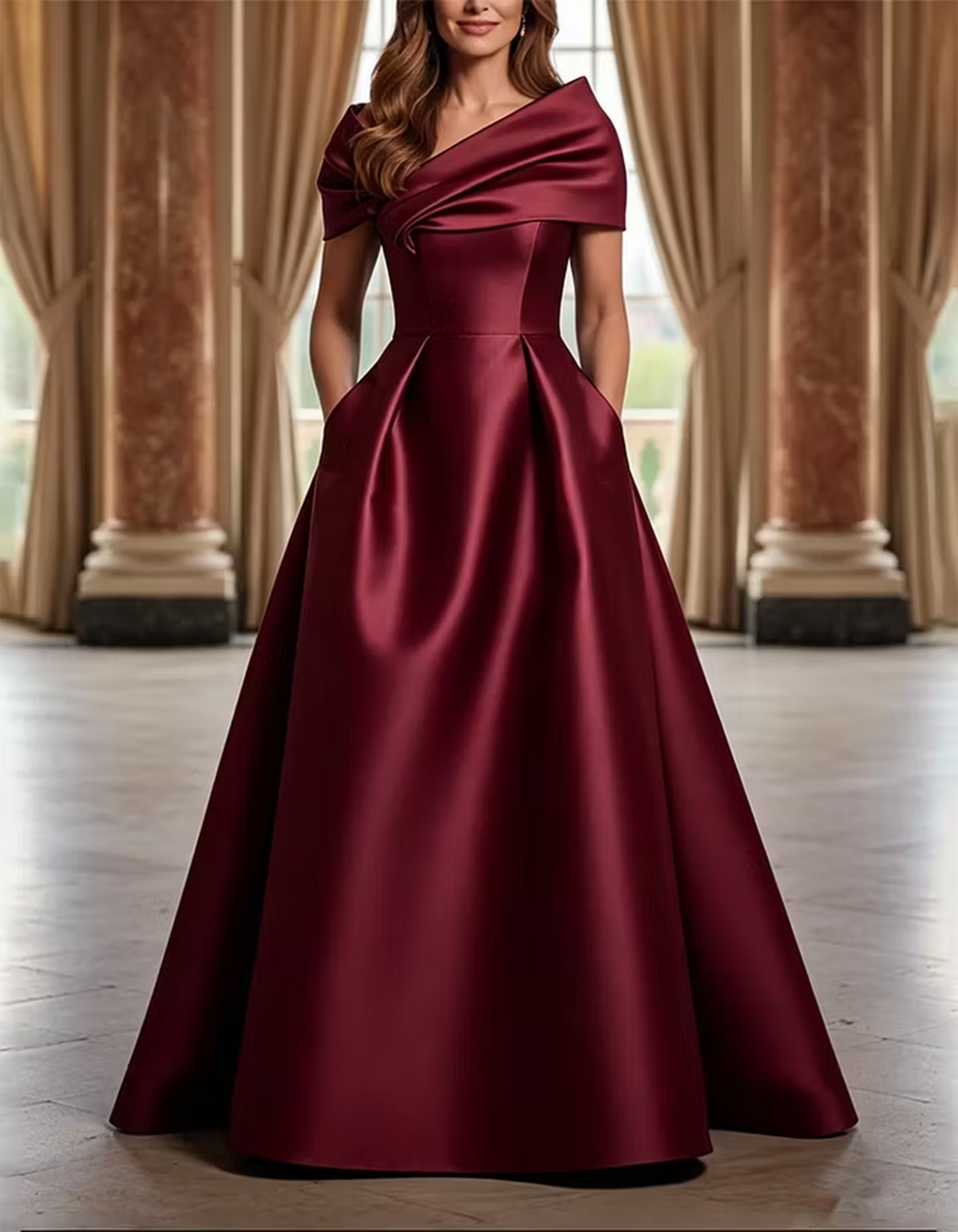 Green Asymmetric Draped Satin A-LineMaxi Dress