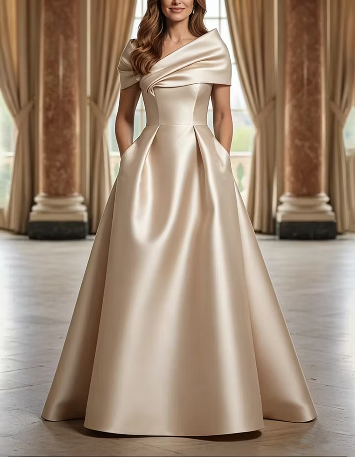 Green Asymmetric Draped Satin A-LineMaxi Dress