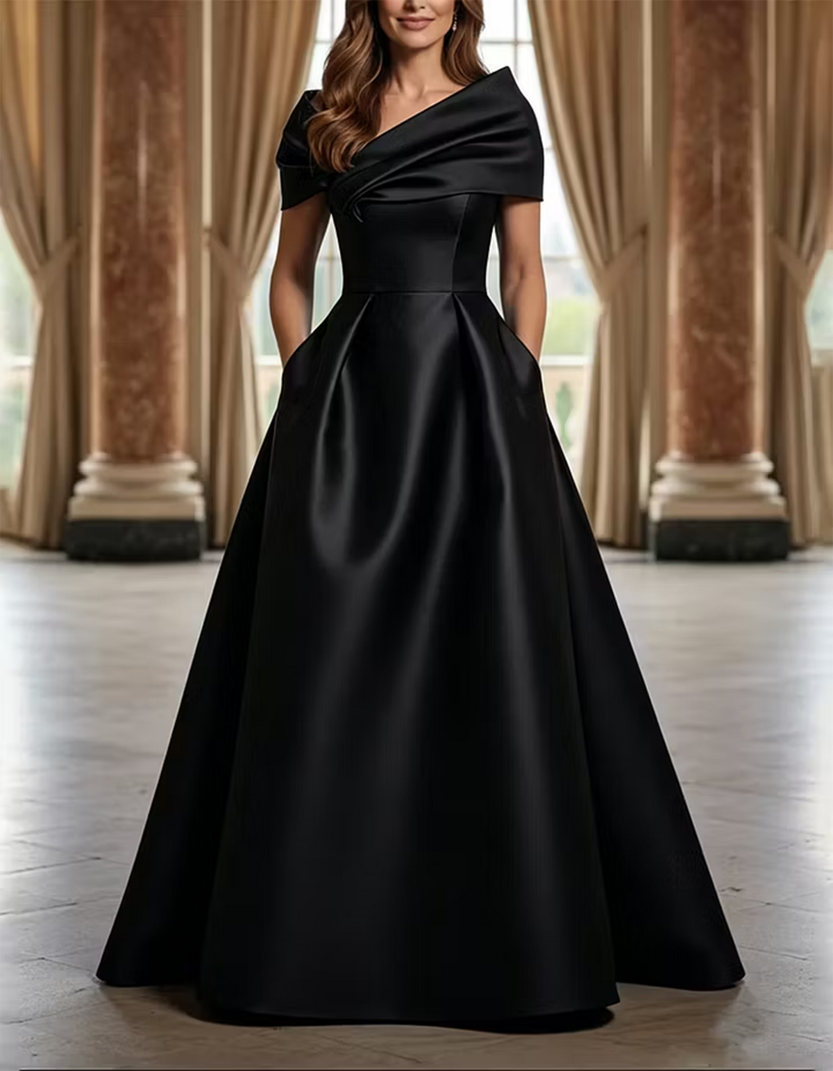 Green Asymmetric Draped Satin A-LineMaxi Dress